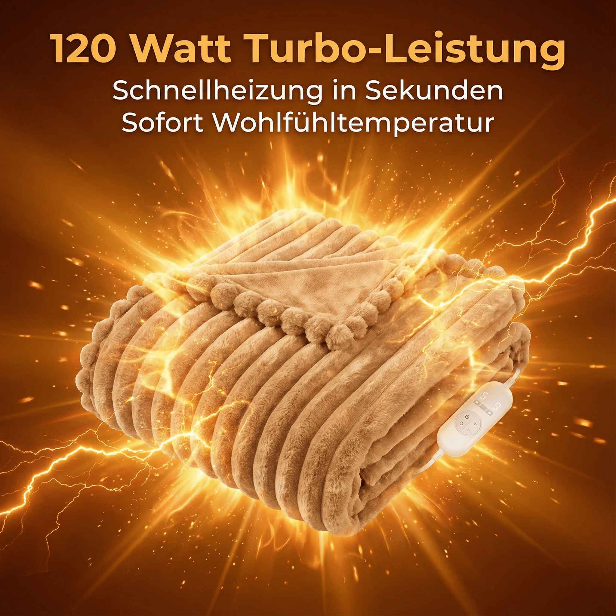 Braune Plüschdecke mit Fernbedienung, umgeben von leuchtenden orangen Blitzen.