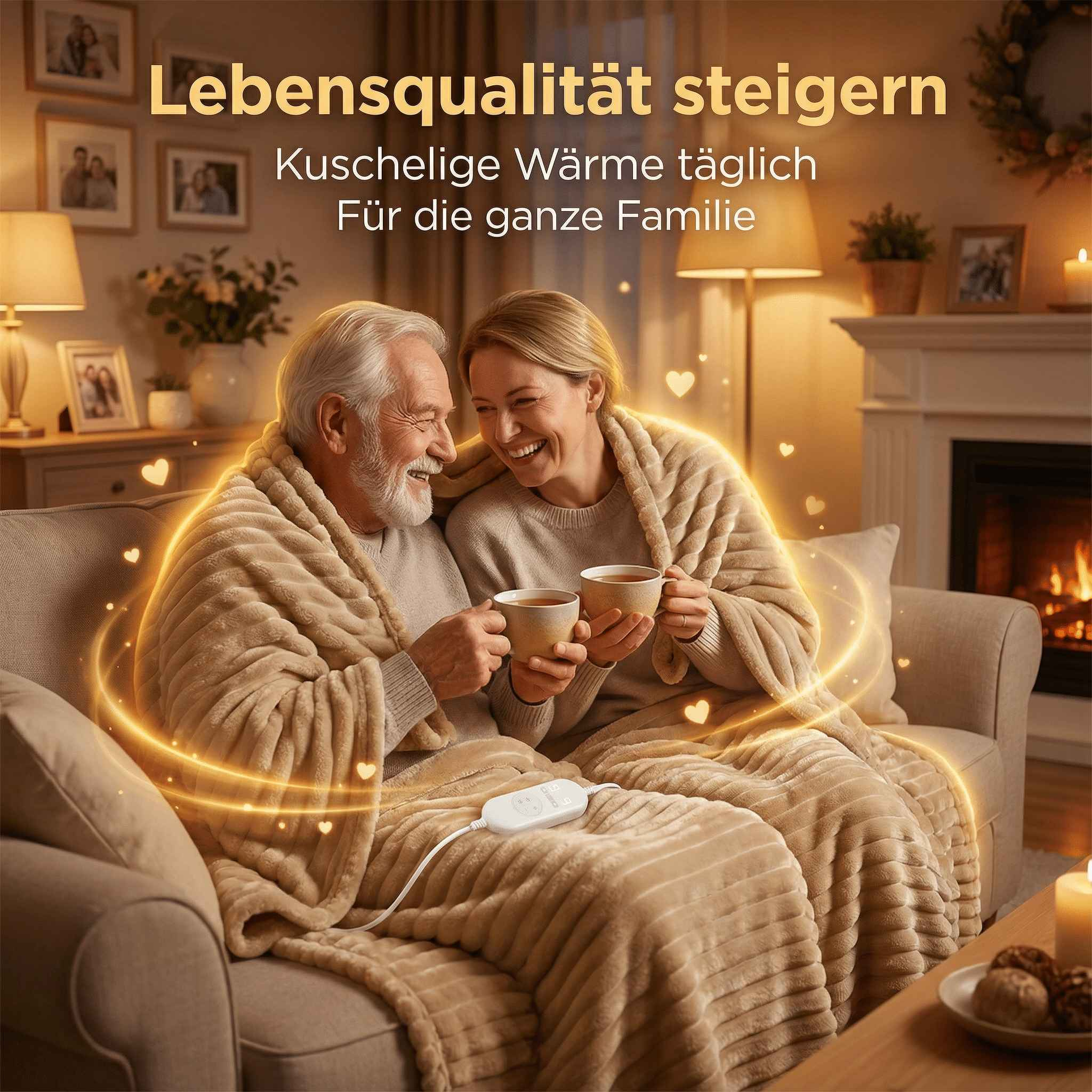 Ein älteres Paar teilt sich eine Decke und trinkt Tee vor einem Kamin.
