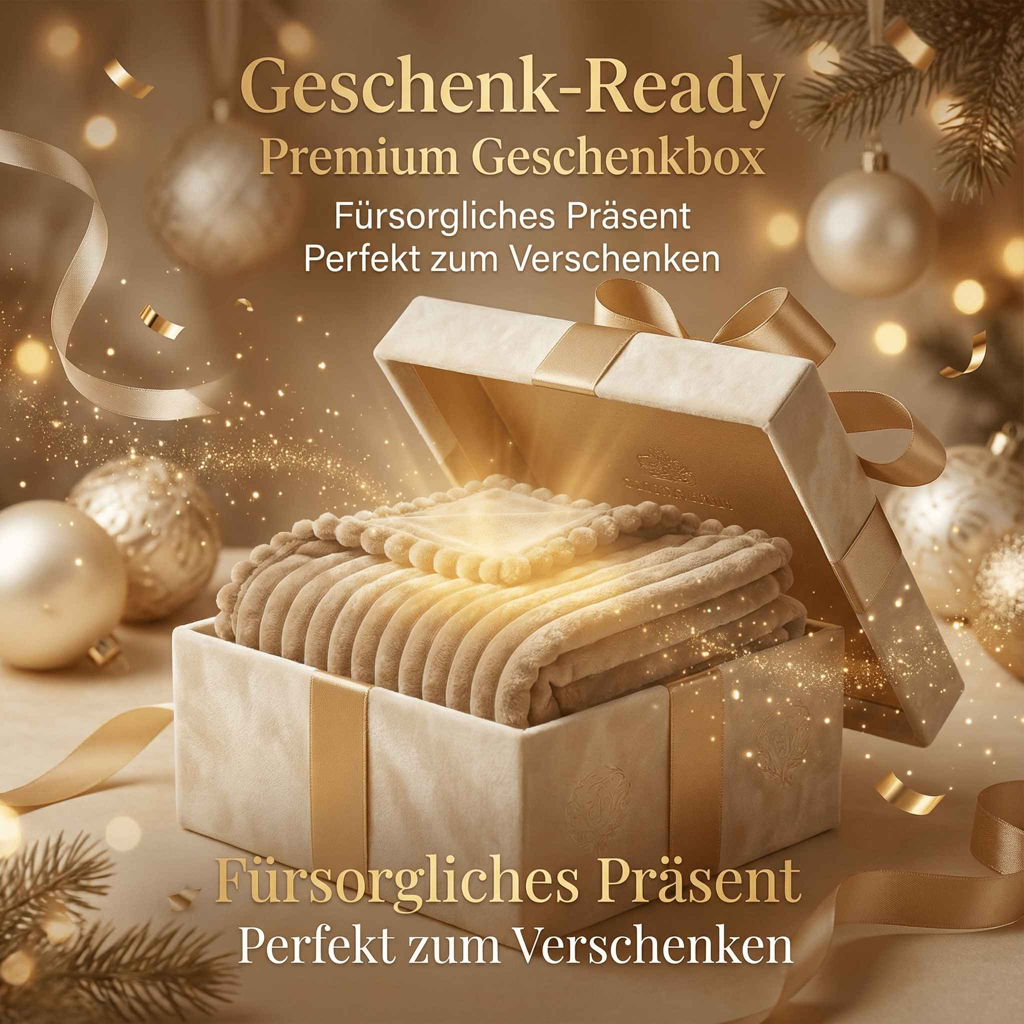 Eine offene, cremefarbene Geschenkbox mit einem gefalteten, braunen Stoff darin.