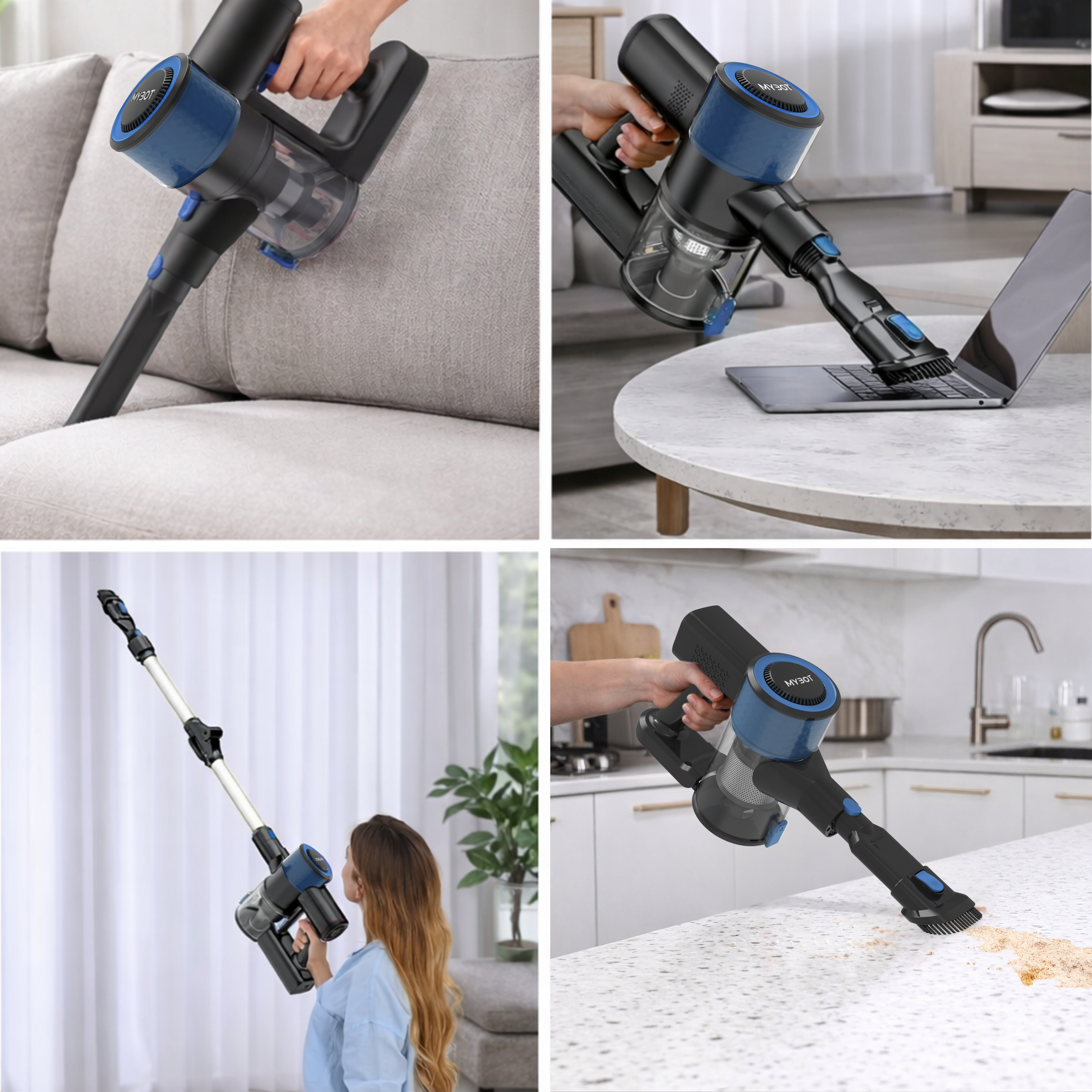 Handheld vacuum cleans sofa, laptop, floor, and kitchen counter.