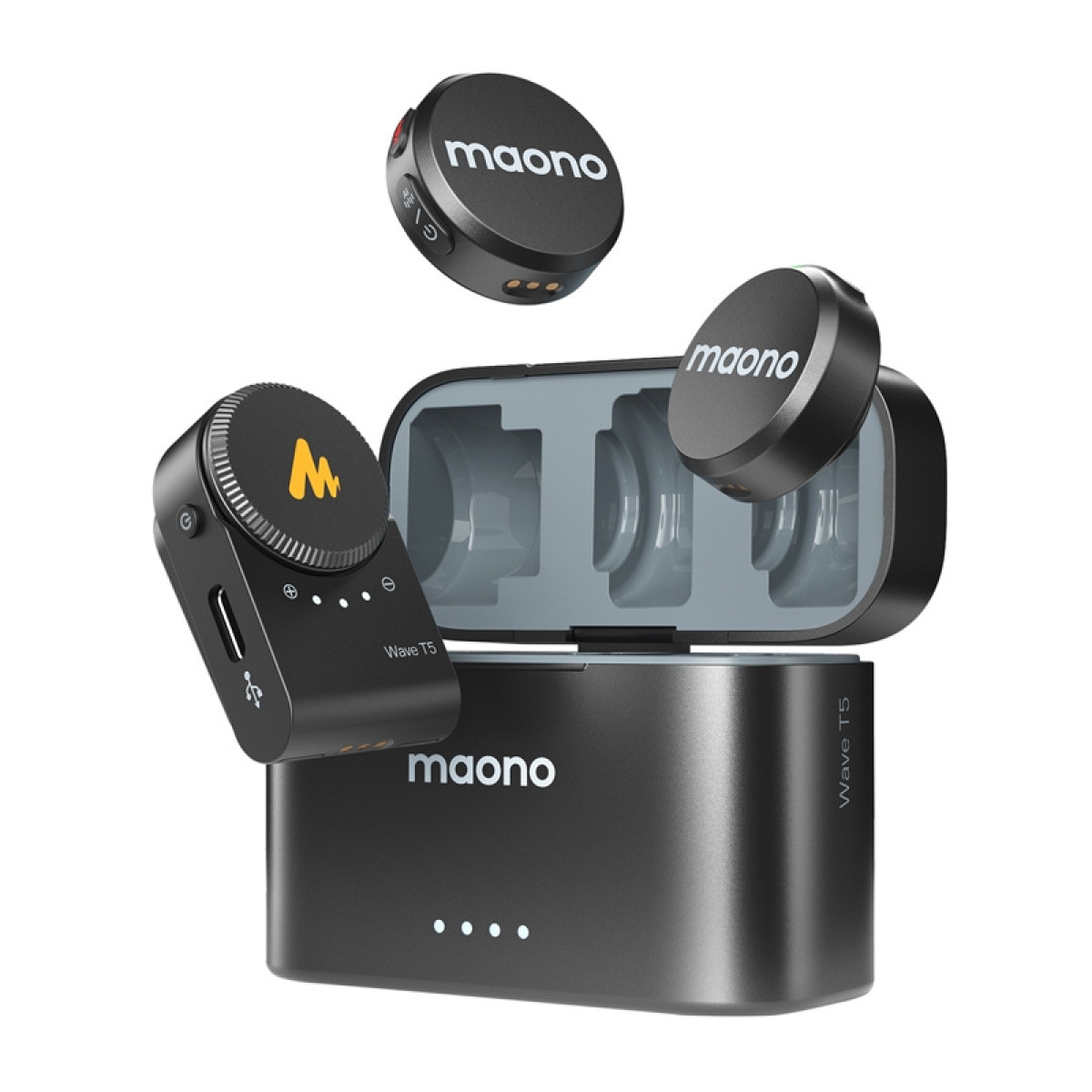 Set microfoni neri Maono Wave T5 con custodia di ricarica.