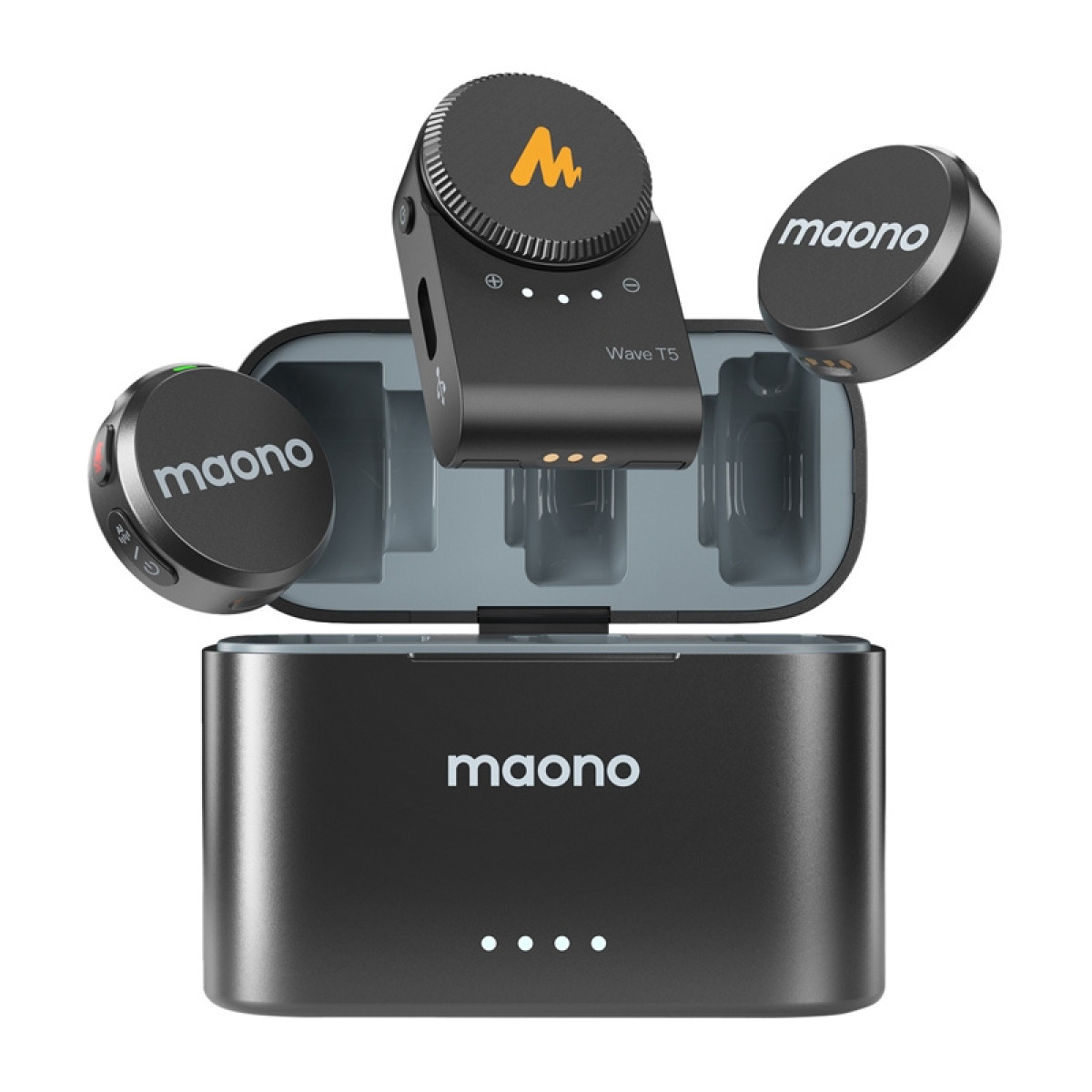 Set microfoni neri Maono Wave T5 con custodia di ricarica, due capsule e trasmettitore.