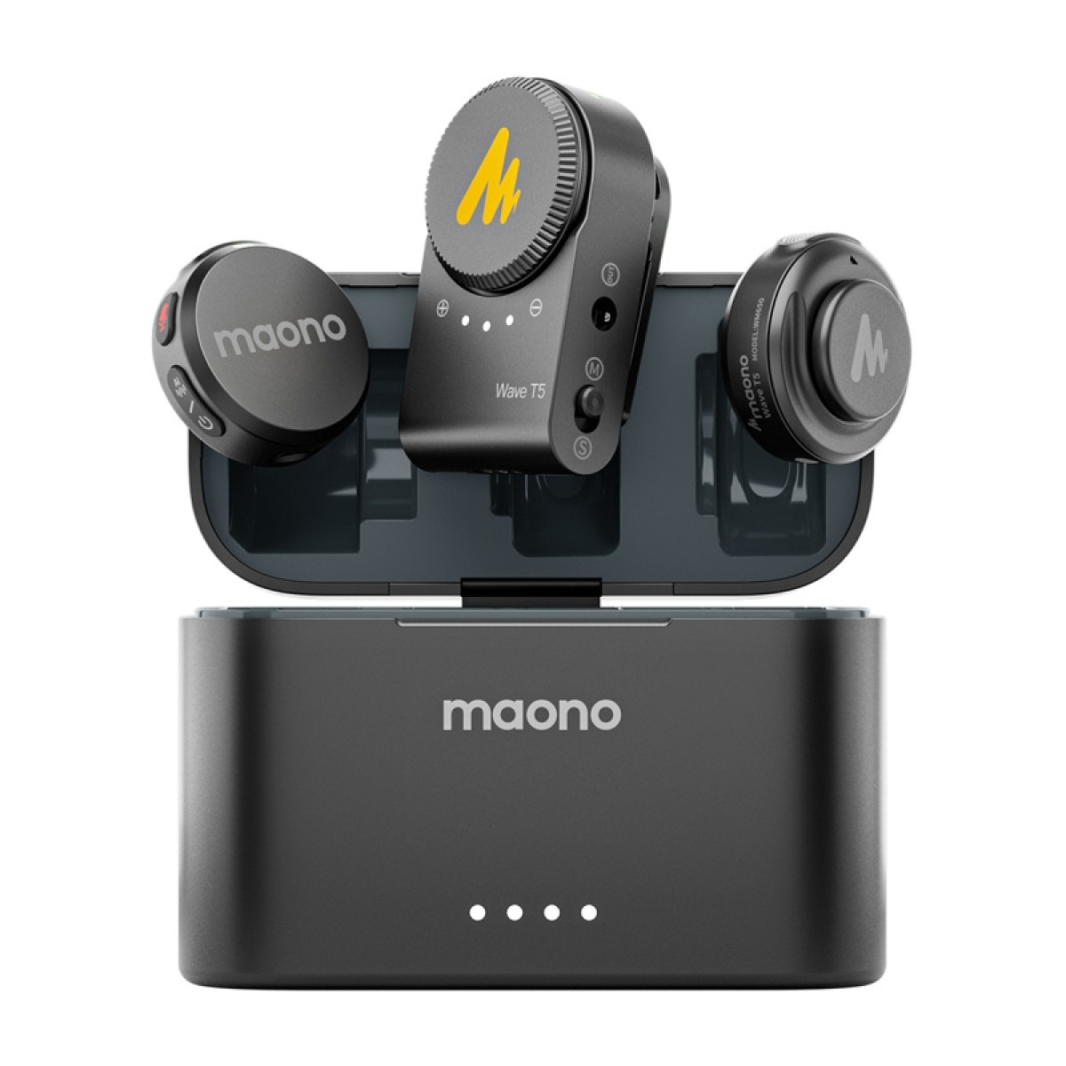 Un set di microfoni Maono Wave T5 neri con custodia di ricarica.