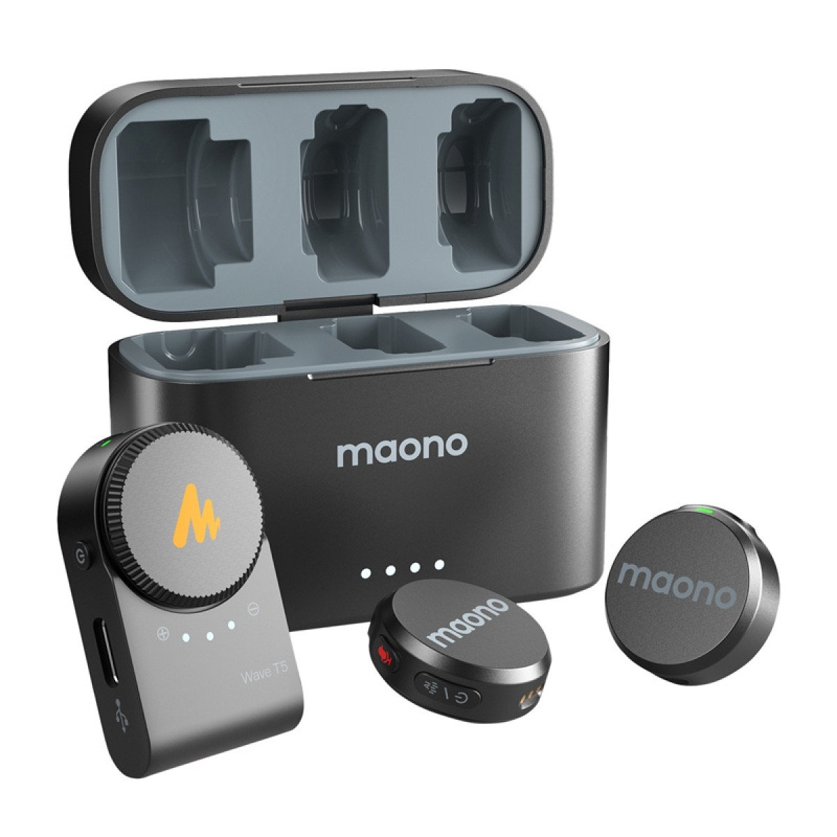 Un sistema microfonico Maono Wave T5 nero con custodia di ricarica e accessori.