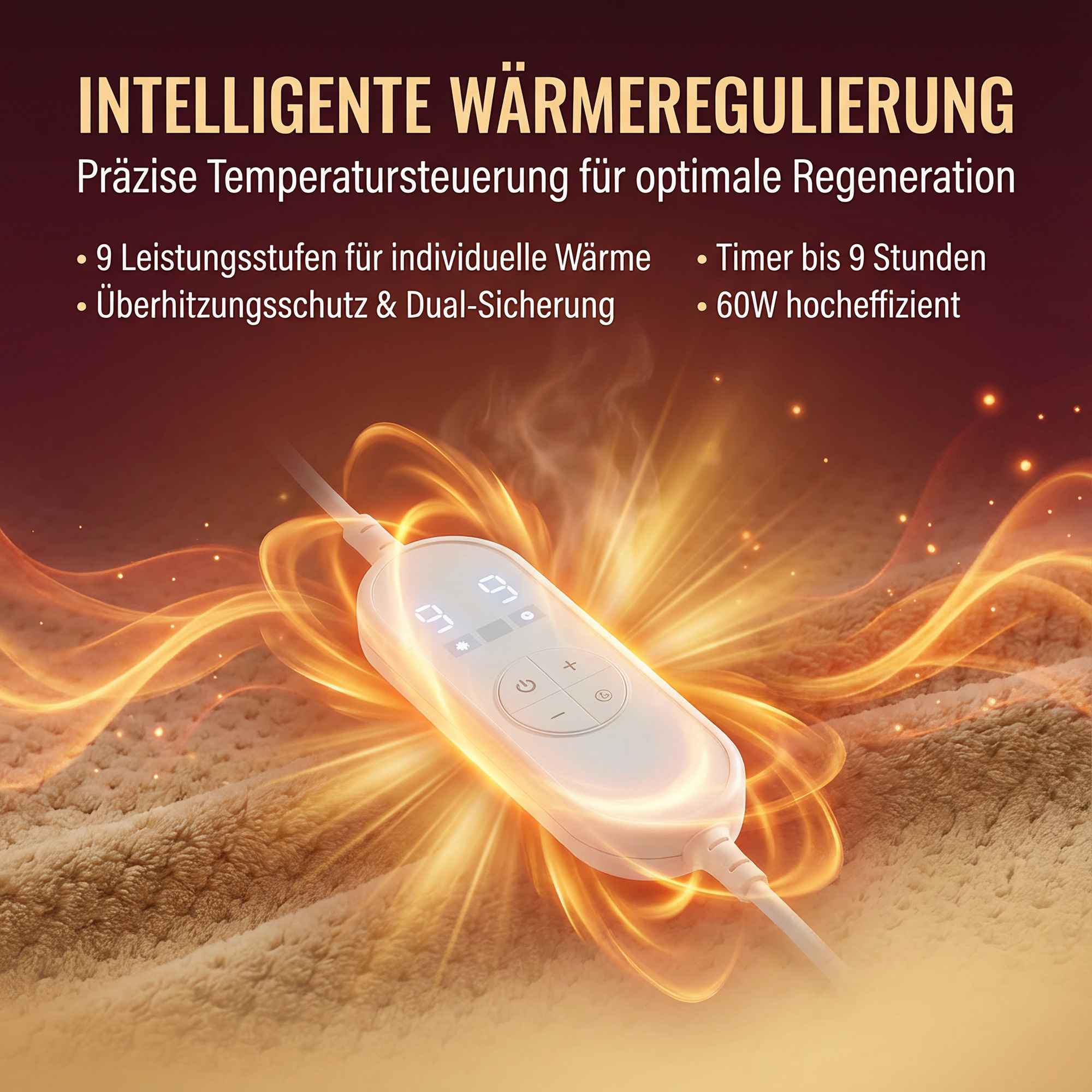 Ein weißer Controller für eine Heizdecke mit orangefarbenen Lichteffekten.