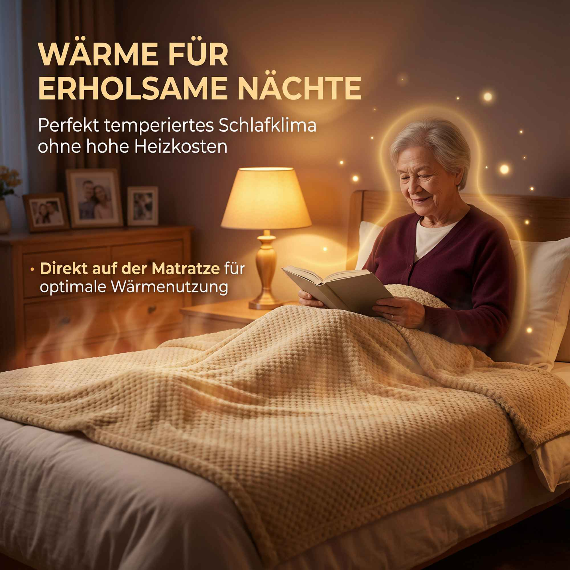 Ältere Frau liest Buch im Bett, umgeben von warmem Schein.