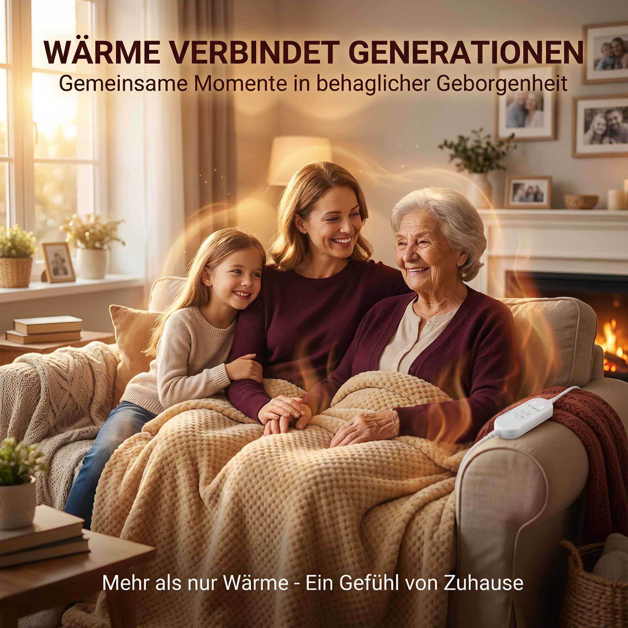 Drei Generationen einer Familie kuscheln sich in Decken, umgeben von warmer Beleuchtung.