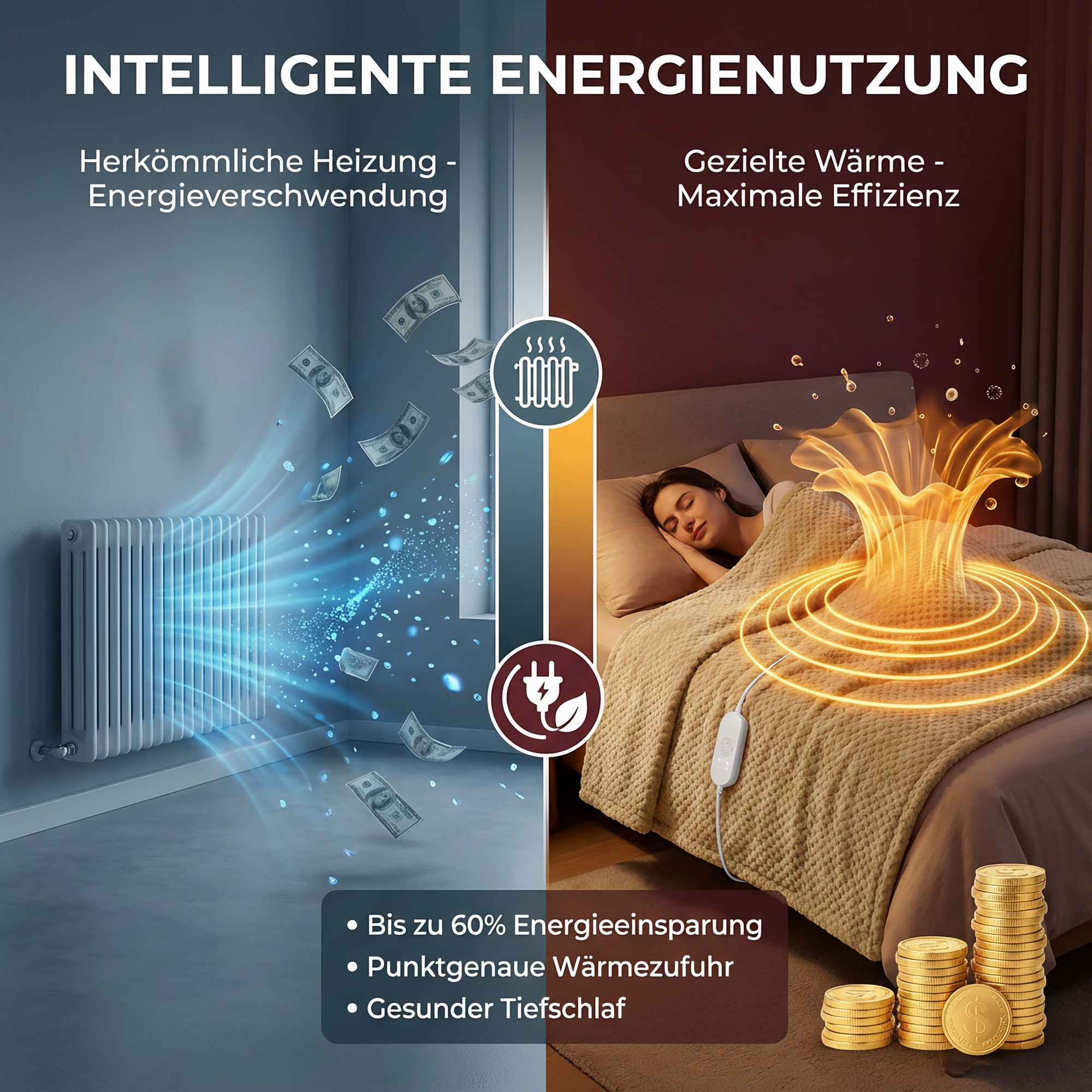 Heizung spart Geld. Links ein Heizkörper mit Geld. Rechts eine Frau im Bett unter einer Heizdecke.
