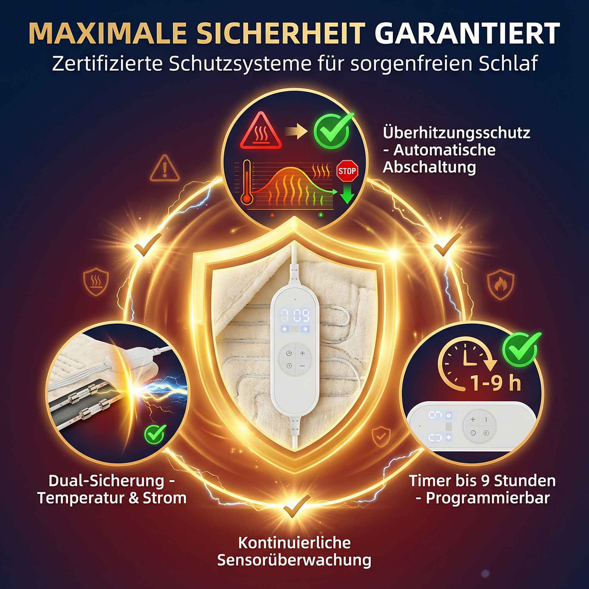 Produktabbildung mit Fokus auf Sicherheit: Überhitzungsschutz, Dual-Sicherung, Timer.