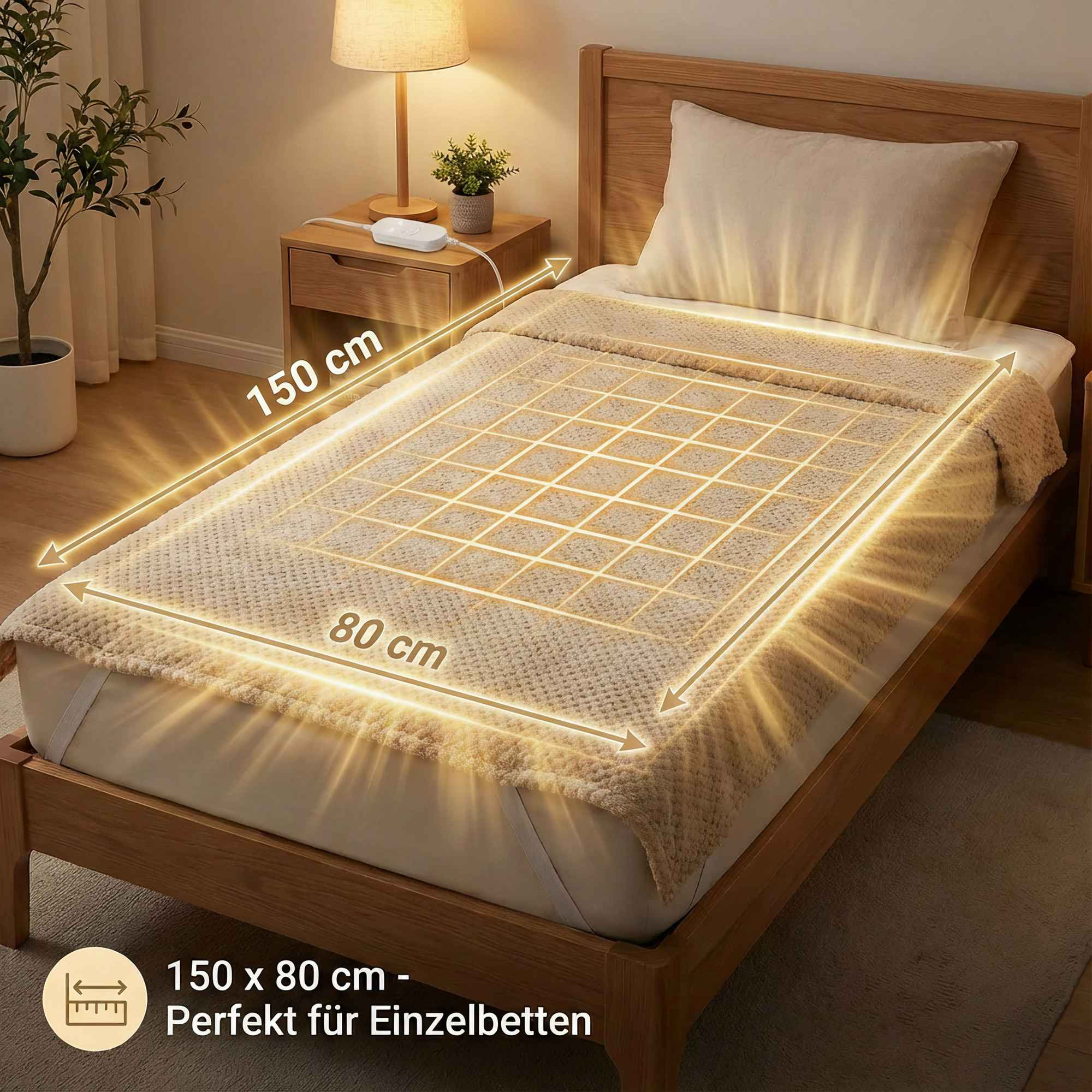 Beige Heizdecke 150x80 cm auf Bett. Maße hervorgehoben.