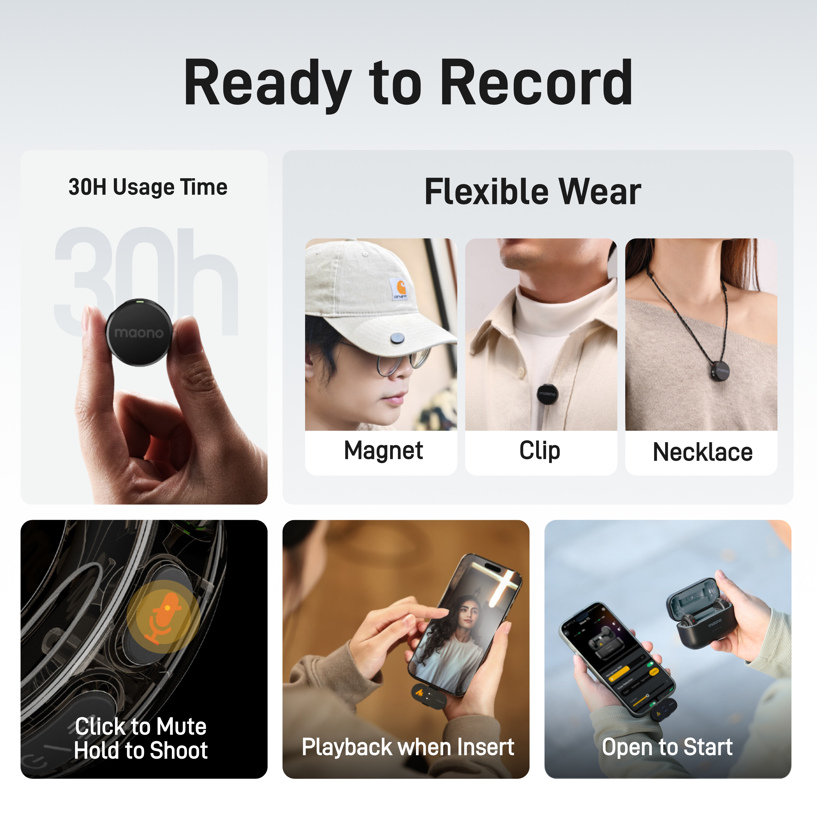 Images produit montrant 30h d'utilisation, port flexible : aimant, clip, collier.