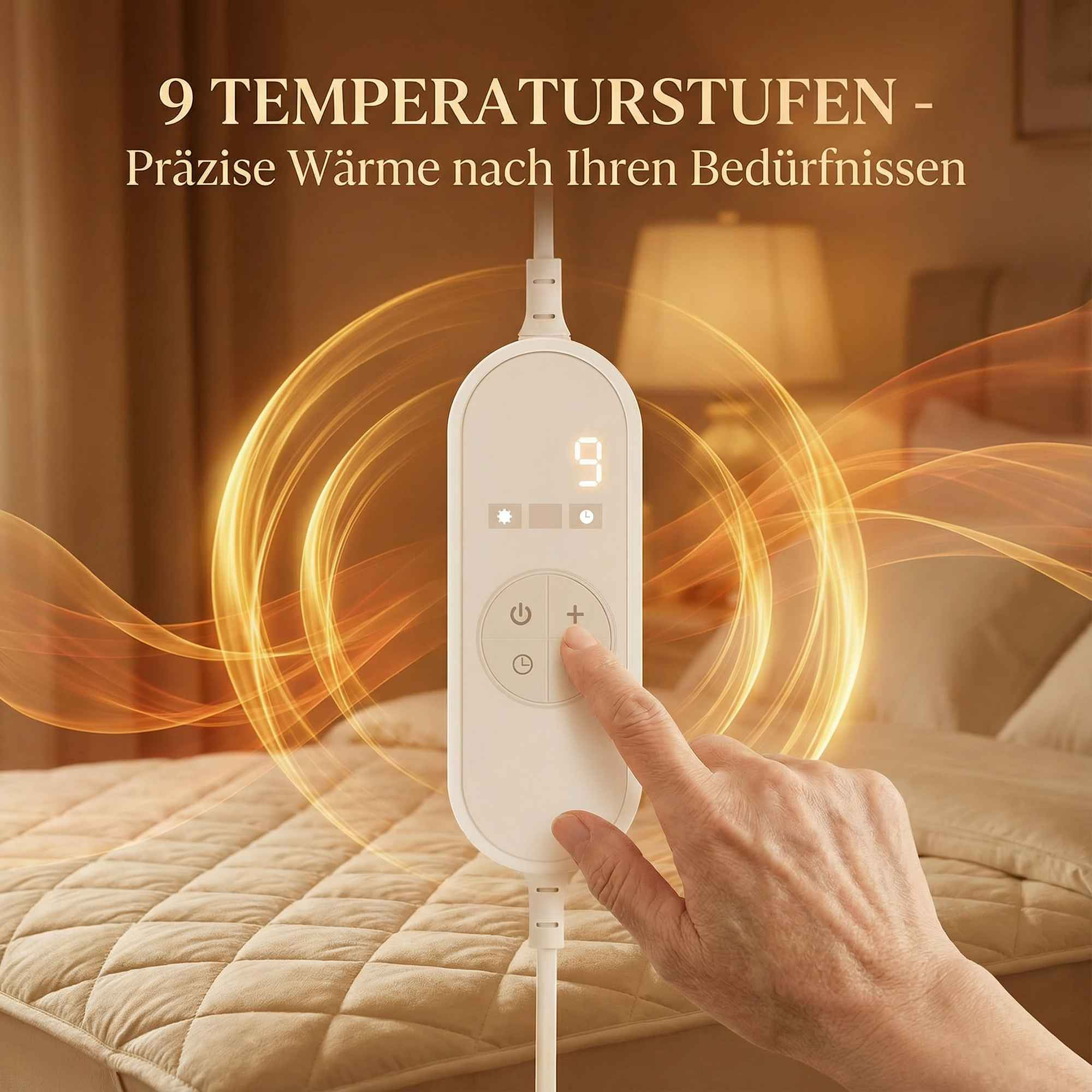 Eine Hand drückt auf die Plus-Taste eines weißen Controllers, der auf einer Decke liegt.