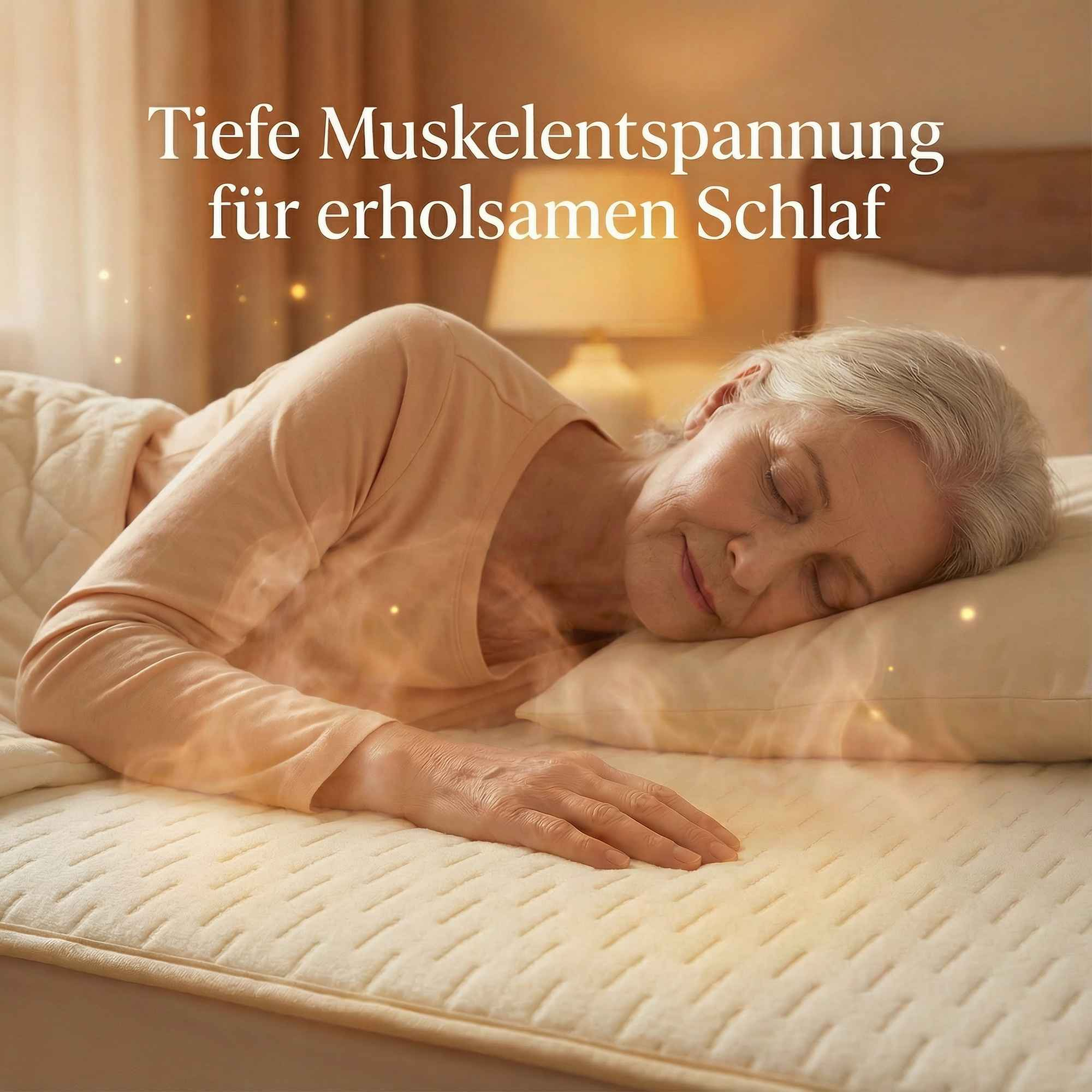Ältere Frau schläft auf einem Kissen auf einer gesteppten Decke.