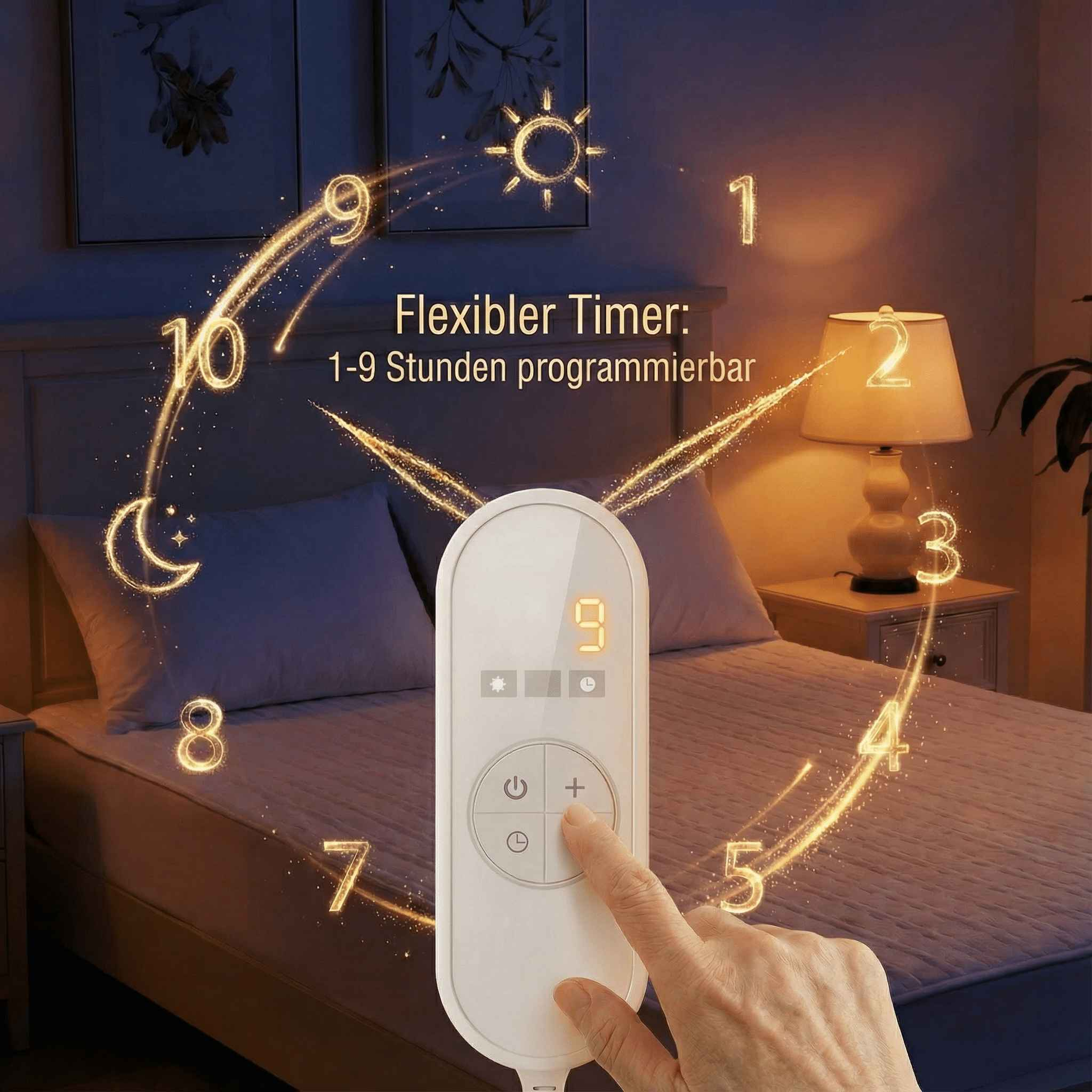 Eine Hand bedient eine weiße Fernbedienung mit Timer-Anzeige, umgeben von leuchtenden Zahlen.