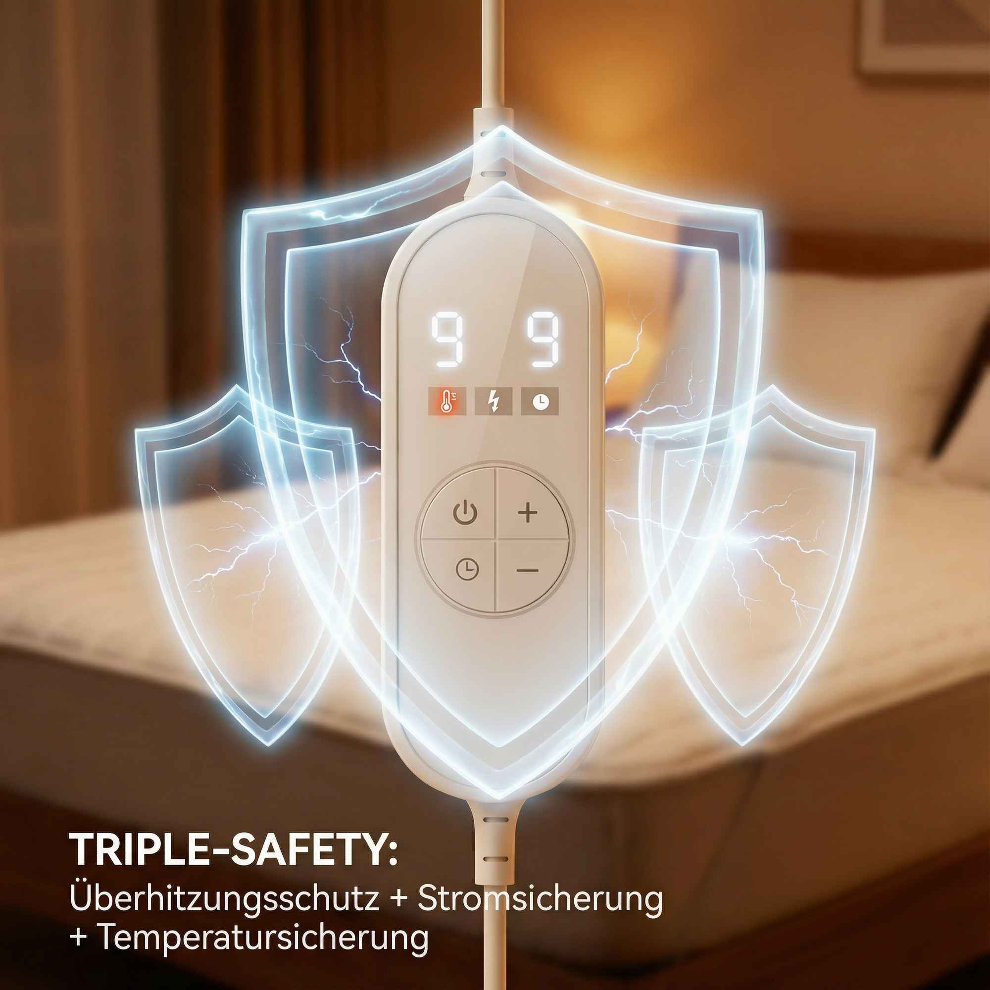 Ein weißer Controller mit blauen Schutzschildern und Blitzen.
