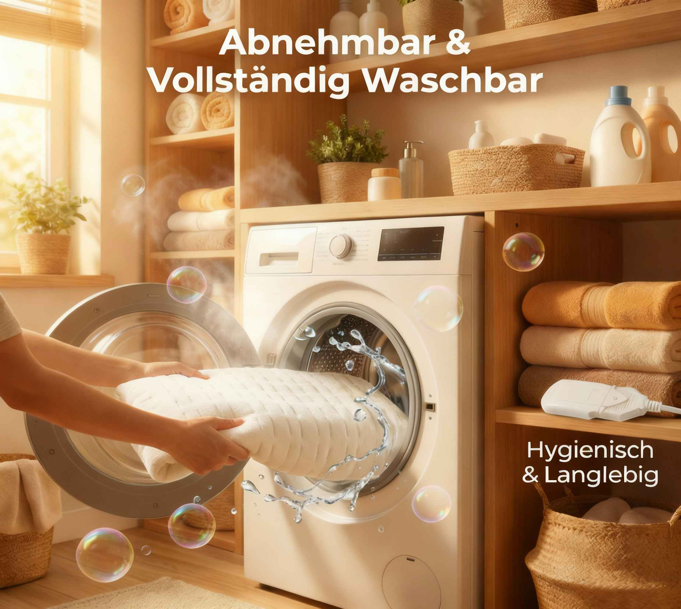Eine Person lädt eine weiße Decke in eine Waschmaschine. Seifenblasen steigen auf.