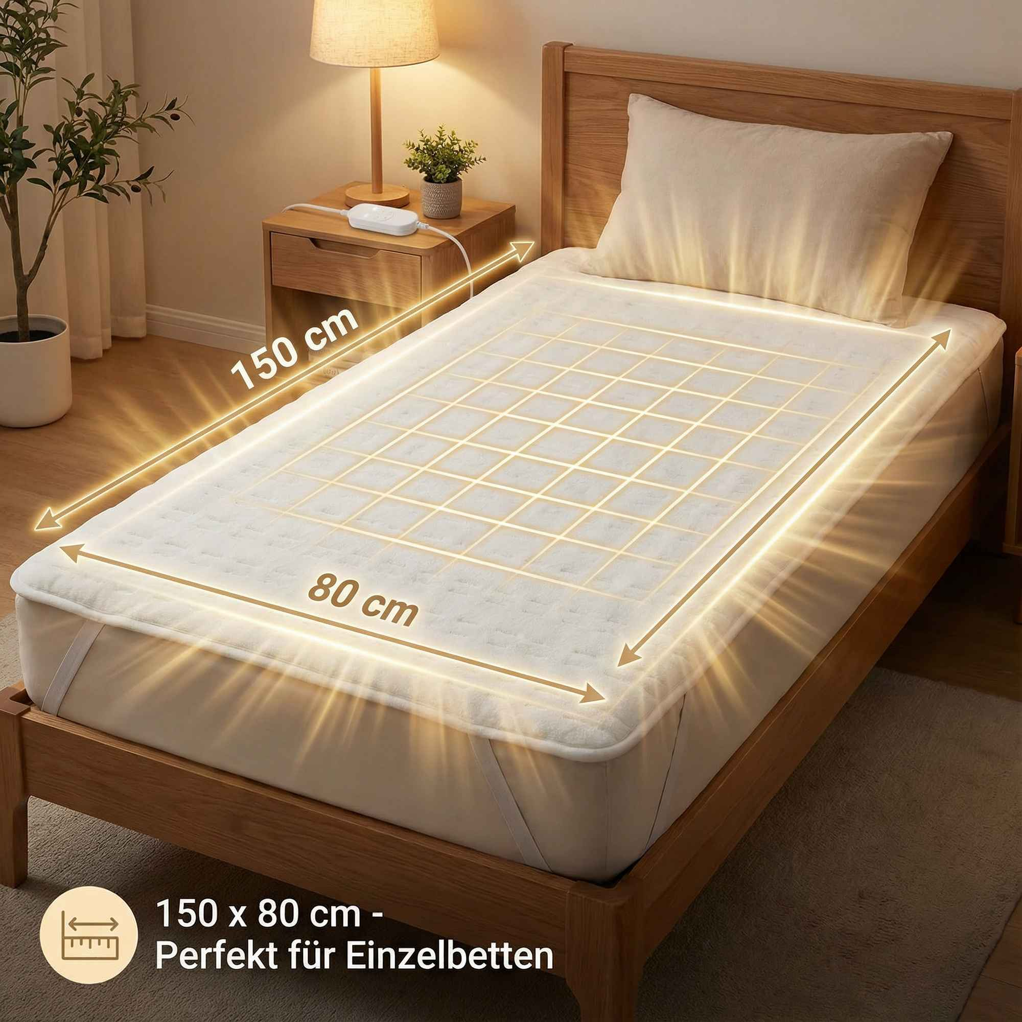 Elektrische Heizdecke 150x80cm auf einem Bett mit Nachttisch und Lampe.
