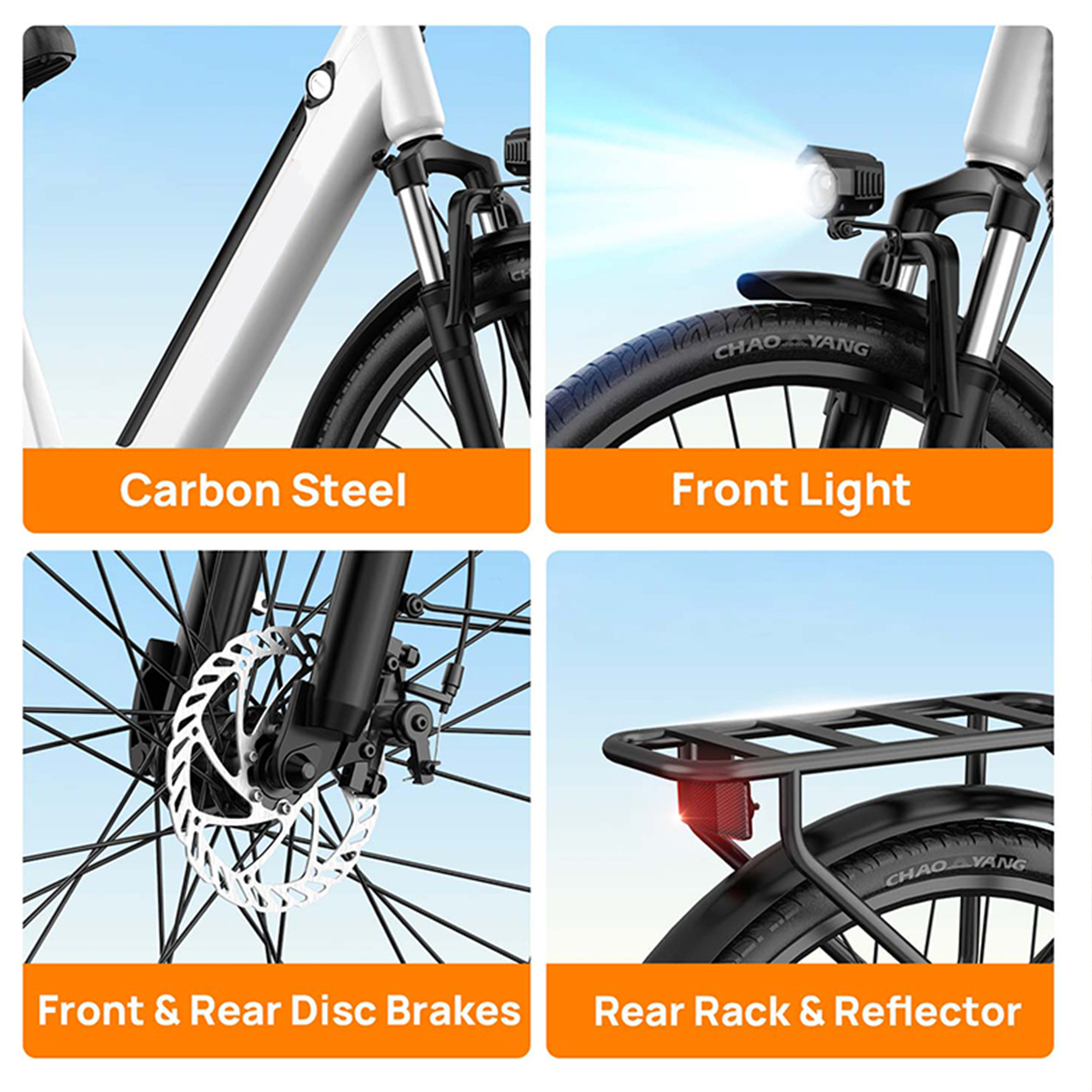 Zbliżenia białej ramy roweru, przedniego światła, hamulców tarczowych i tylnego bagażnika.