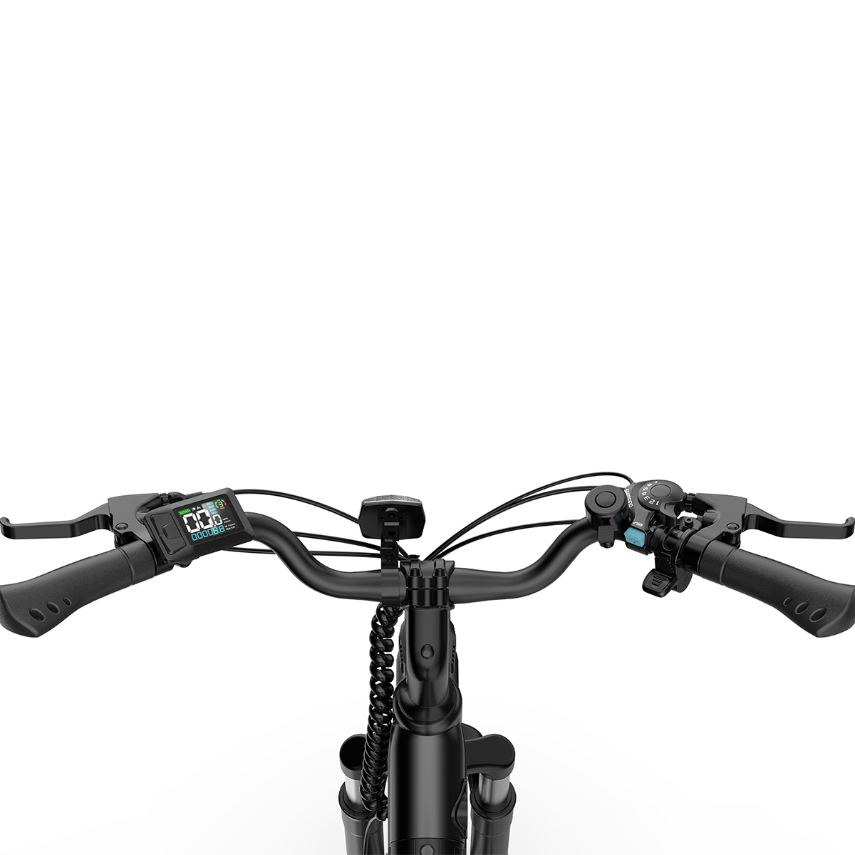 Zbliżenie na kierownicę czarnego roweru elektrycznego z wyświetlaczem i uchwytami.