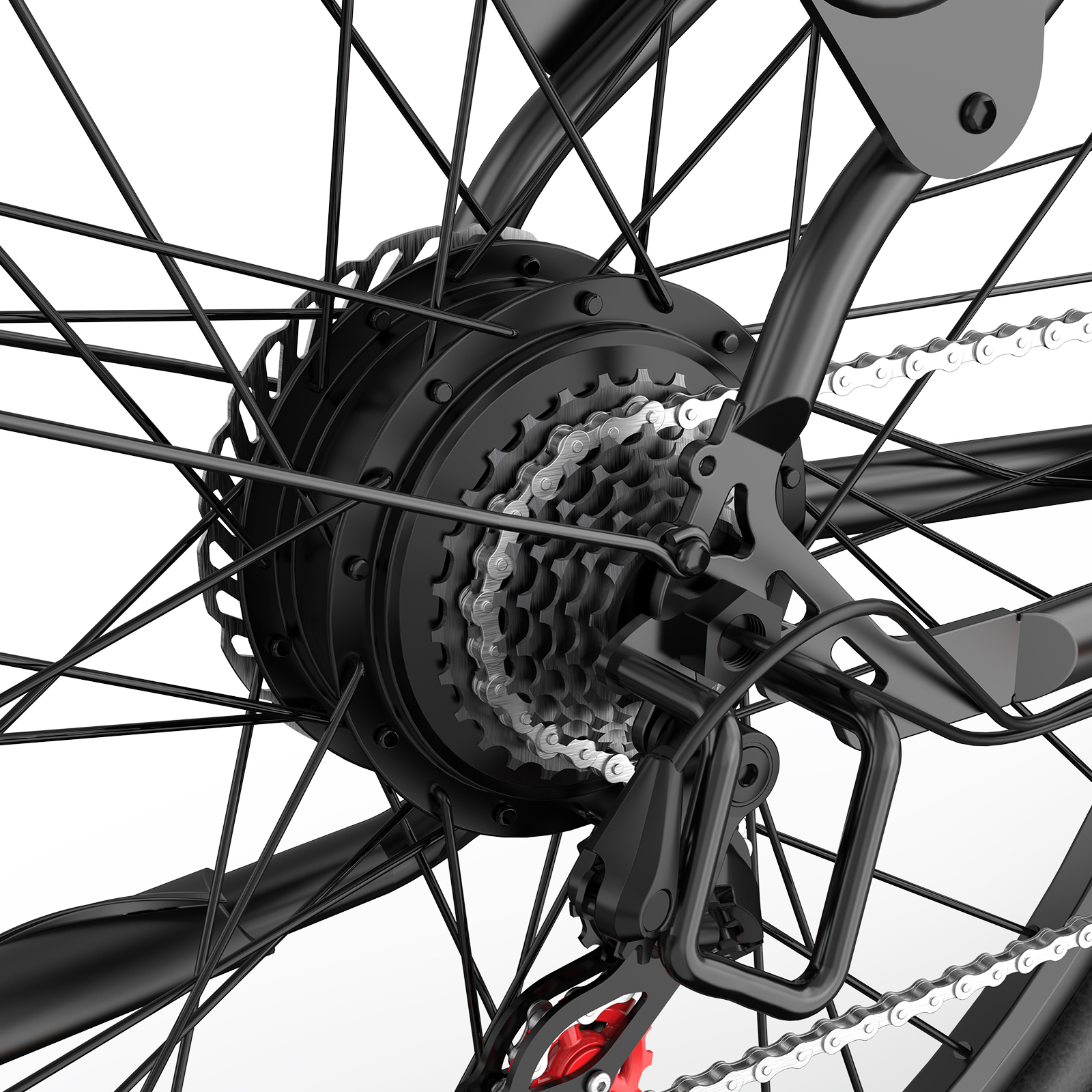 Zbliżenie napędu roweru z czarną ramą, srebrnym łańcuchem i czerwonym przerzutką.