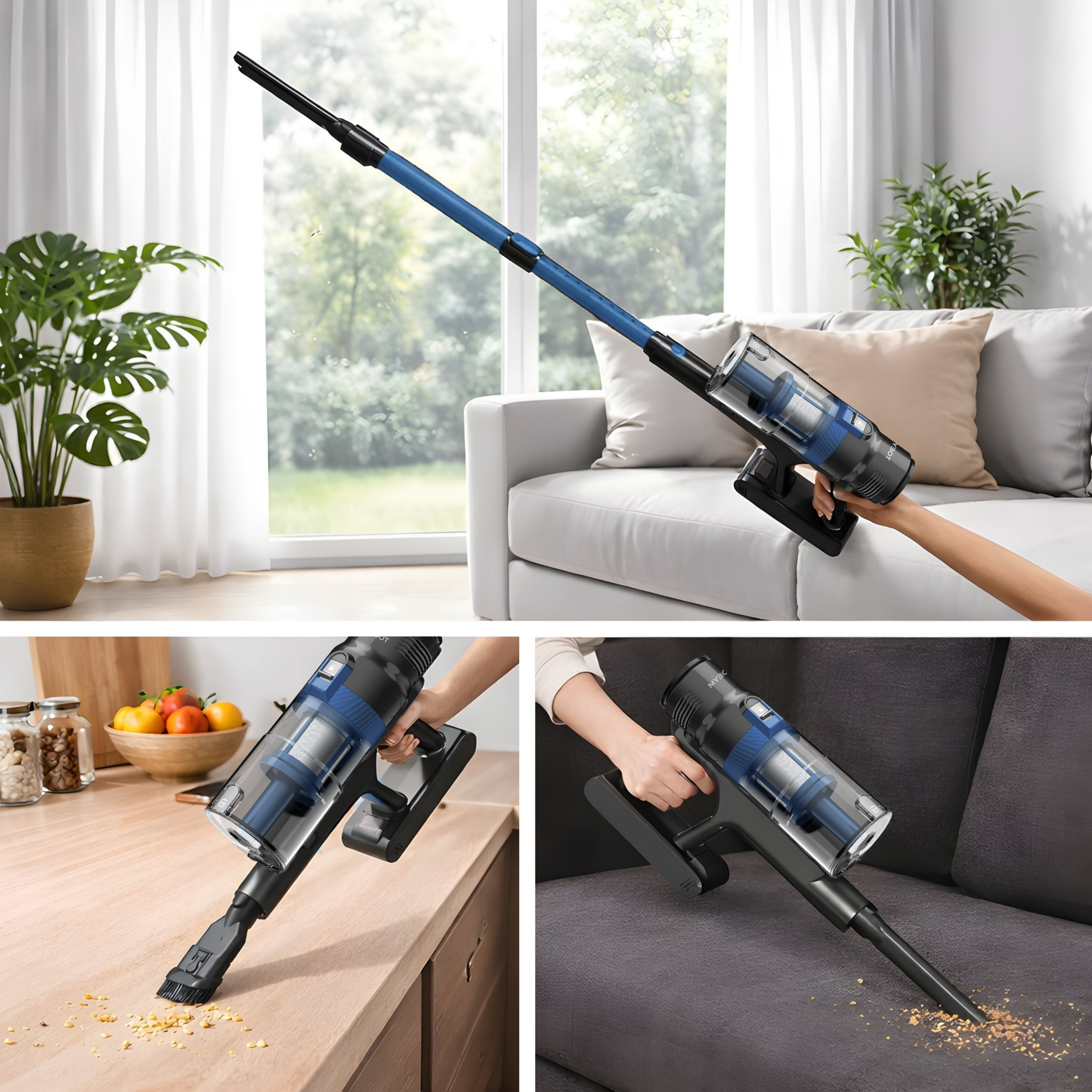 A cordless vacuum cleaner with blue accents is used in a living room and a kitchen.
