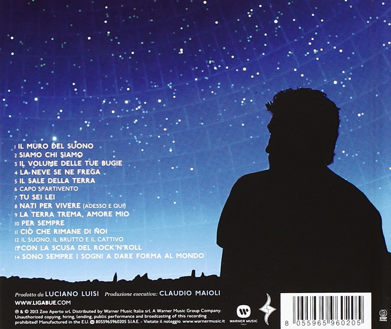 Silhouette di un uomo su cielo stellato con titoli di canzoni.
