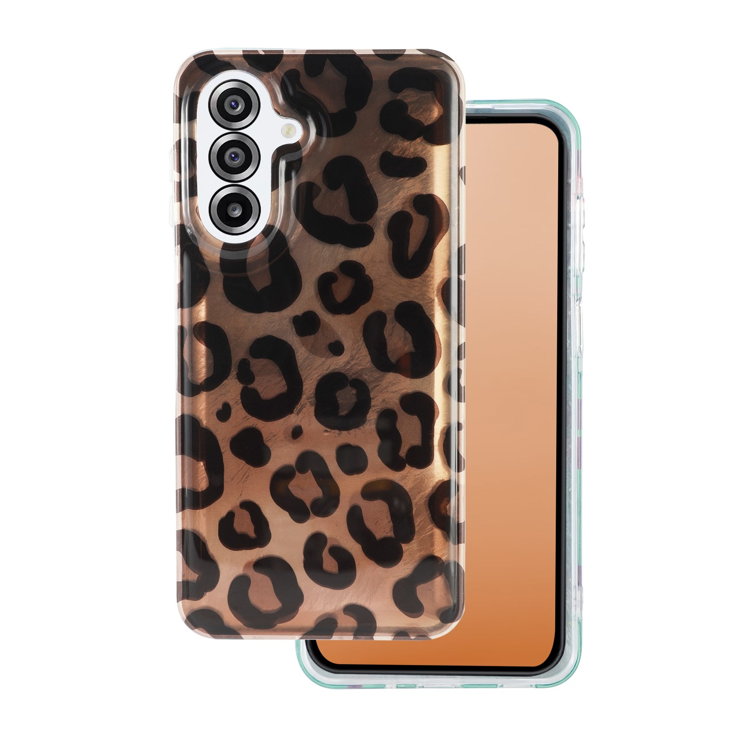 Handyhülle mit Leopardenmuster liegt neben einem Smartphone.
