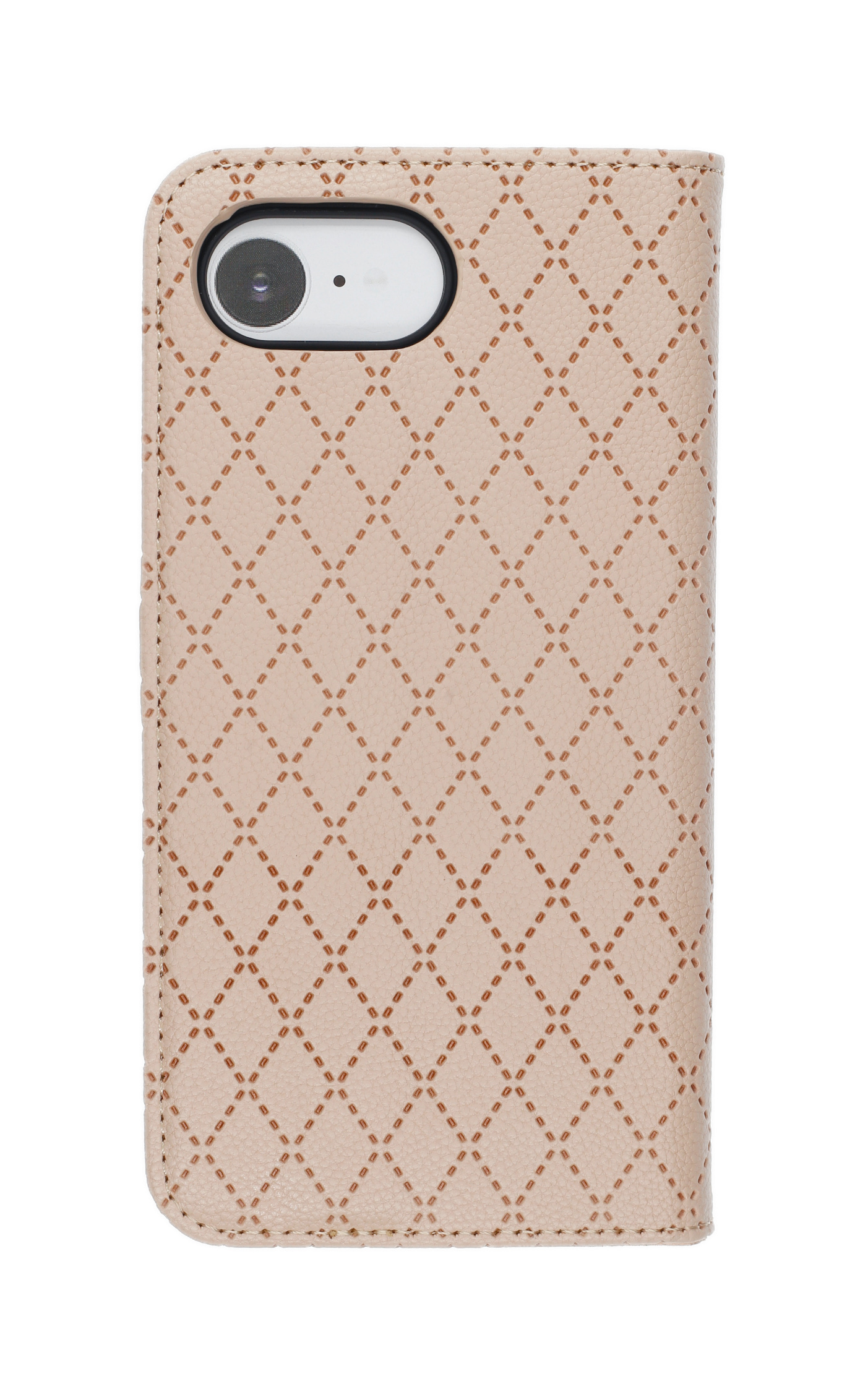 Eine beige Handyhülle mit Rautenmuster und Kameraaussparung.