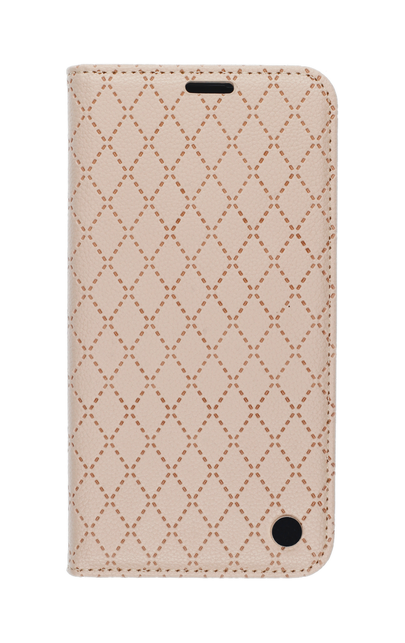 Beige Handyhülle mit Rautenmuster und Nähten.