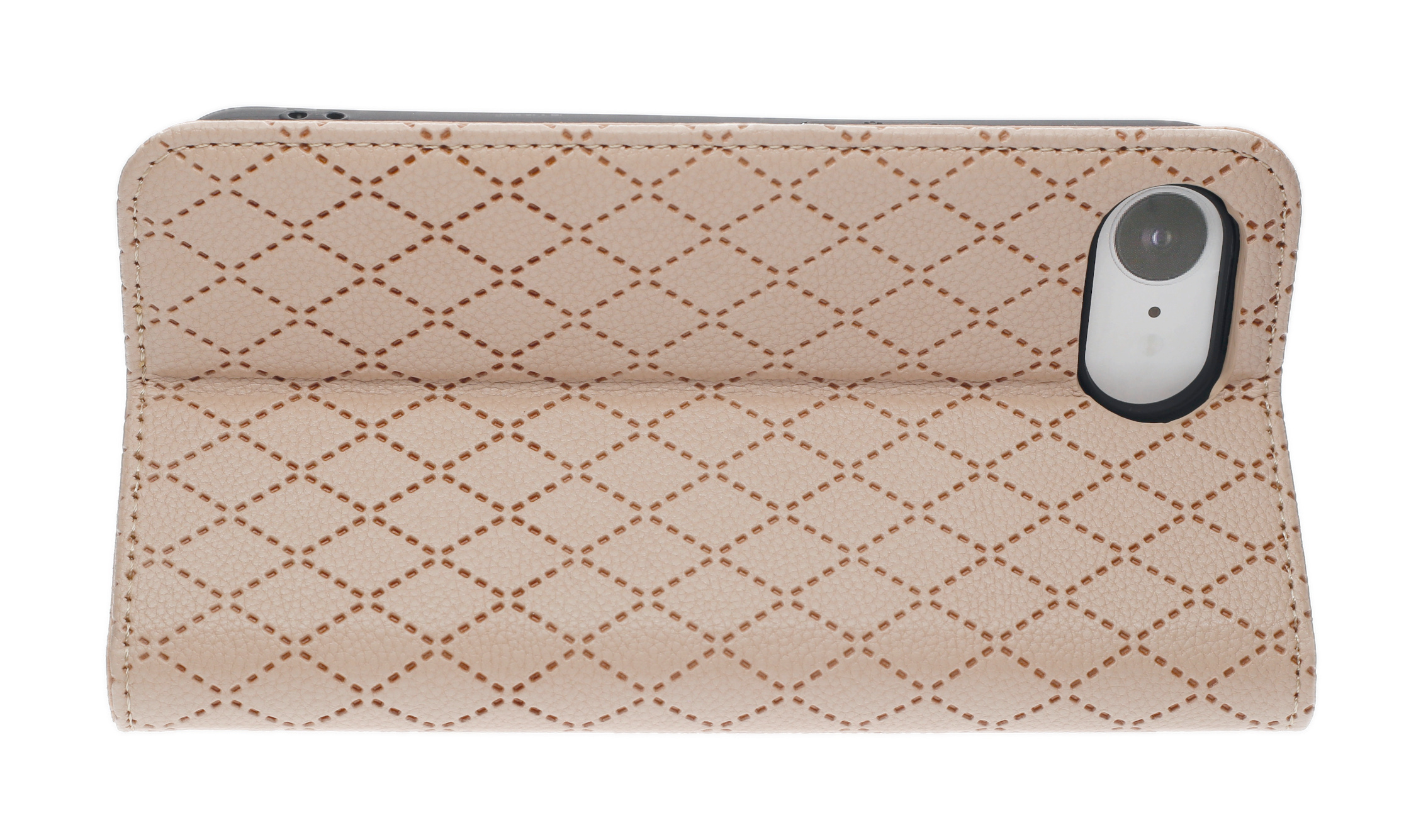Eine beige Tablet-Hülle mit Rautenmuster und sichtbarer Kameralinse.