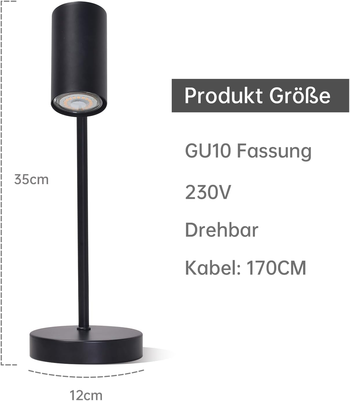 Czarna lampa stołowa, 35cm wysoka, gniazdo GU10, 230V, obrotowa, kabel 170cm.