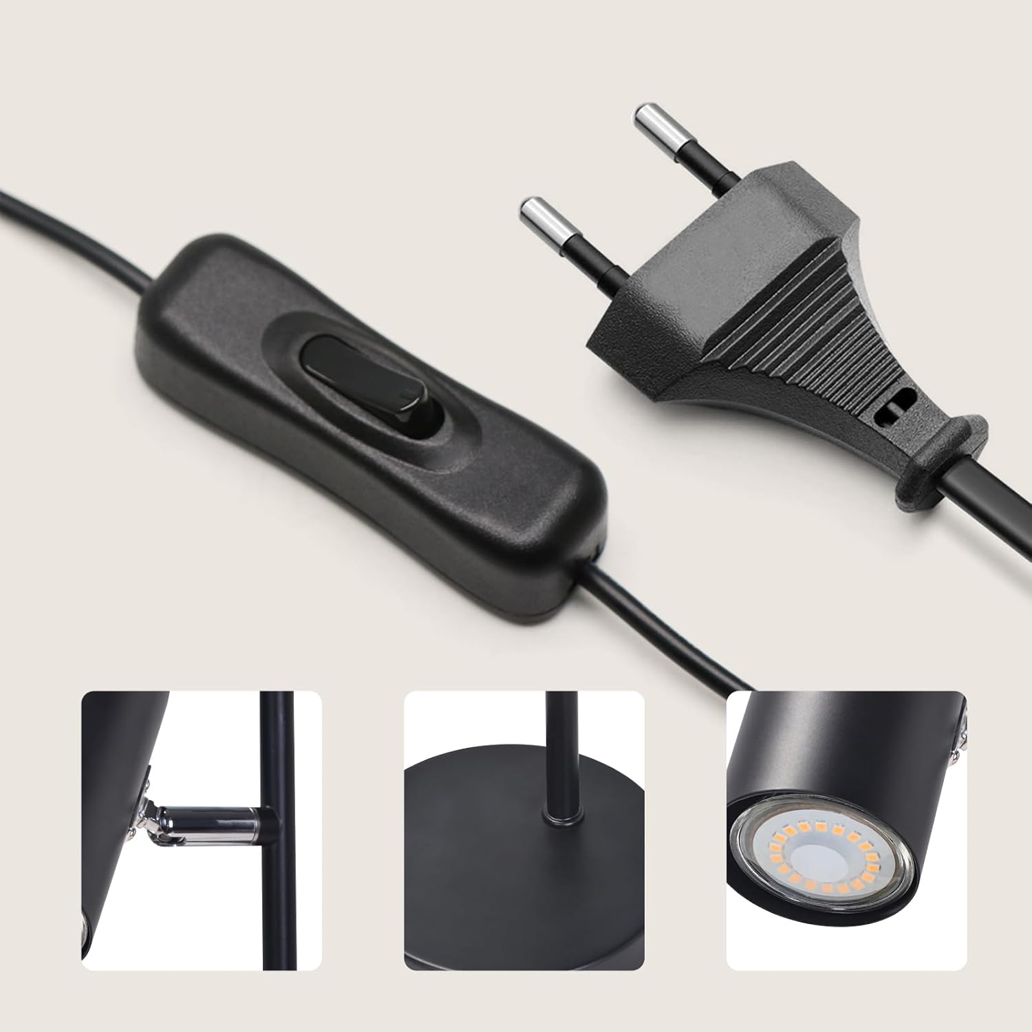 Zbliżenie czarnego kabla lampy z włącznikiem i wtyczką.