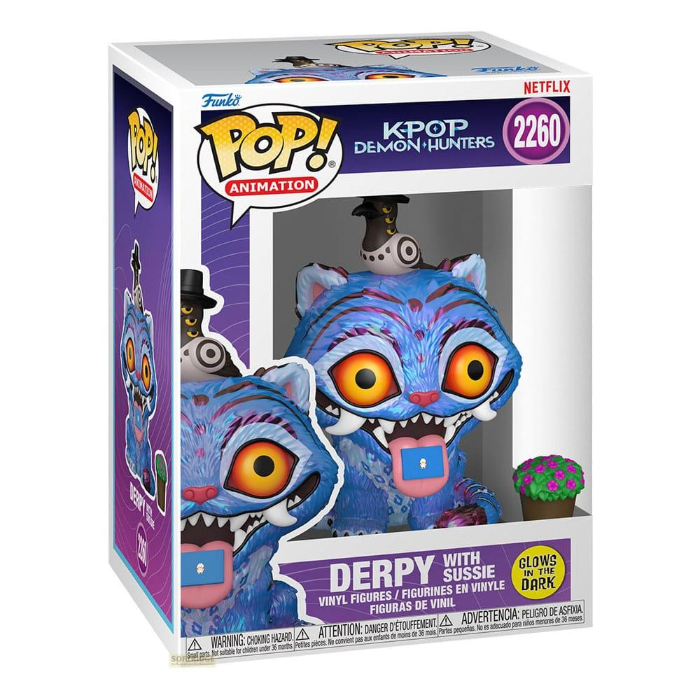 Ein blauer Kätzchen-Pop-Vinyl-Figur mit großen Augen und Zunge, in einer Box.