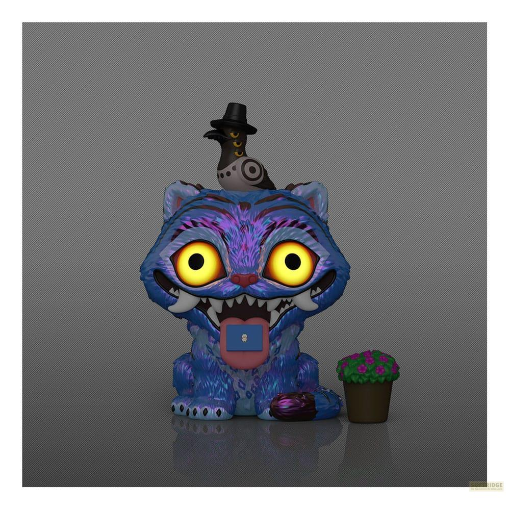 Blaues Monster mit gelben Augen, trägt einen Hut, mit Taube auf dem Kopf.