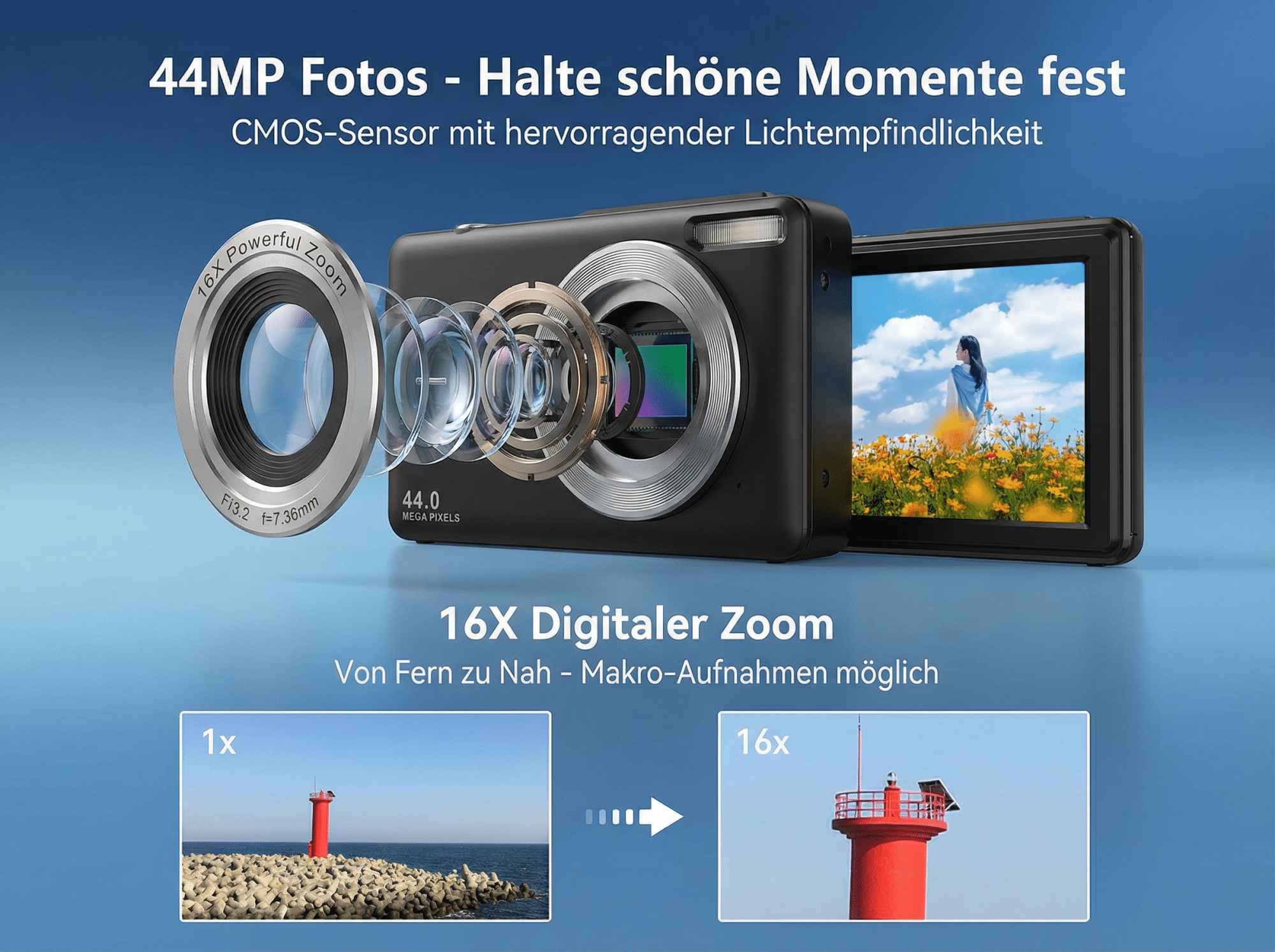 Digitalkamera mit 16x Zoom, 44MP Sensor und Nahaufnahmen.