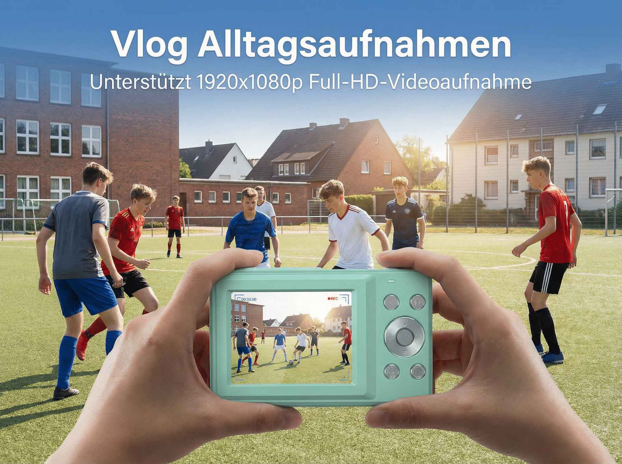 Hände halten eine mintgrüne Kamera, die ein Fußballspiel auf einem Kunstrasen zeigt.