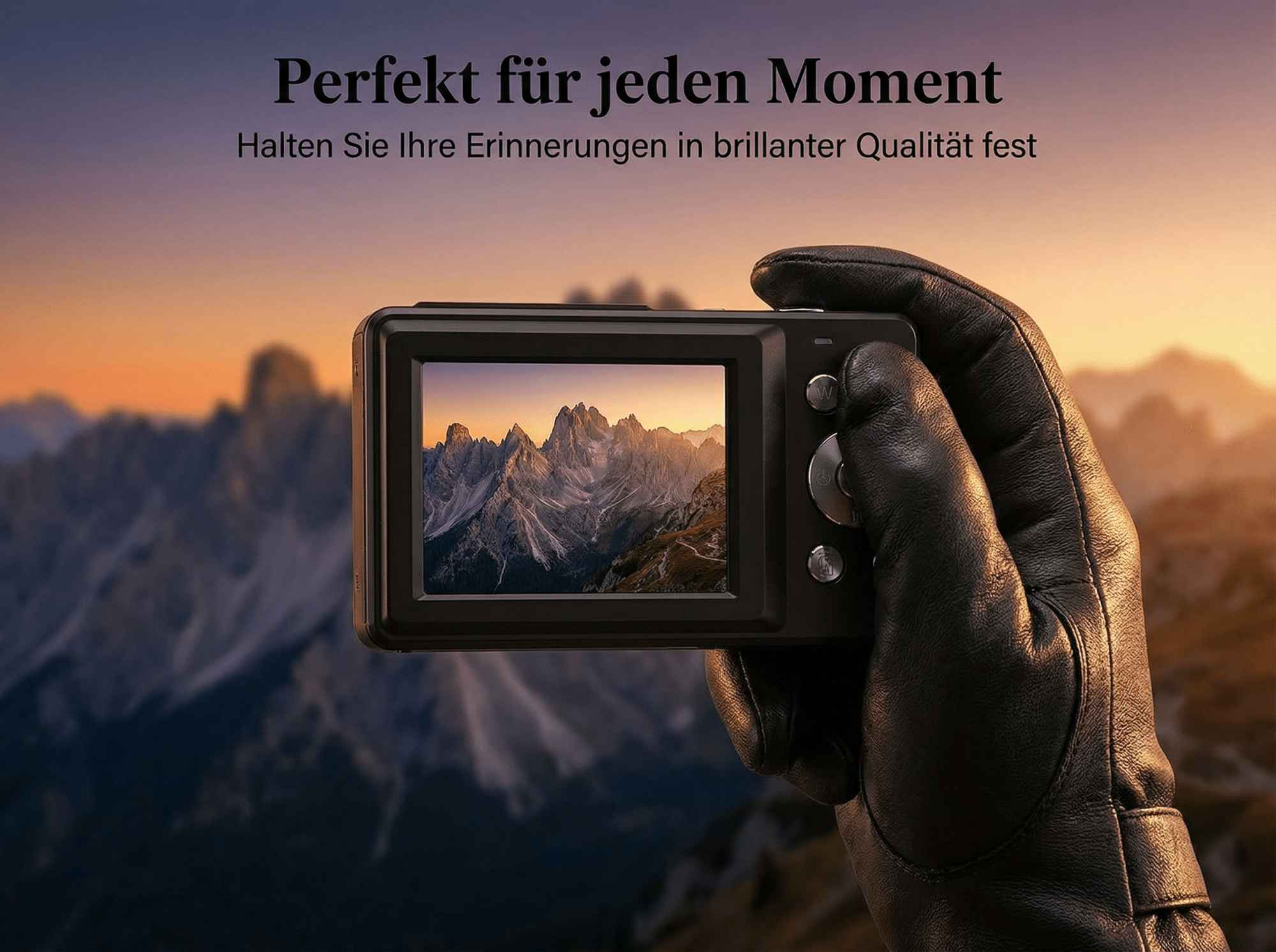 Eine Hand in einem schwarzen Handschuh hält eine Kamera, die eine Berglandschaft zeigt.