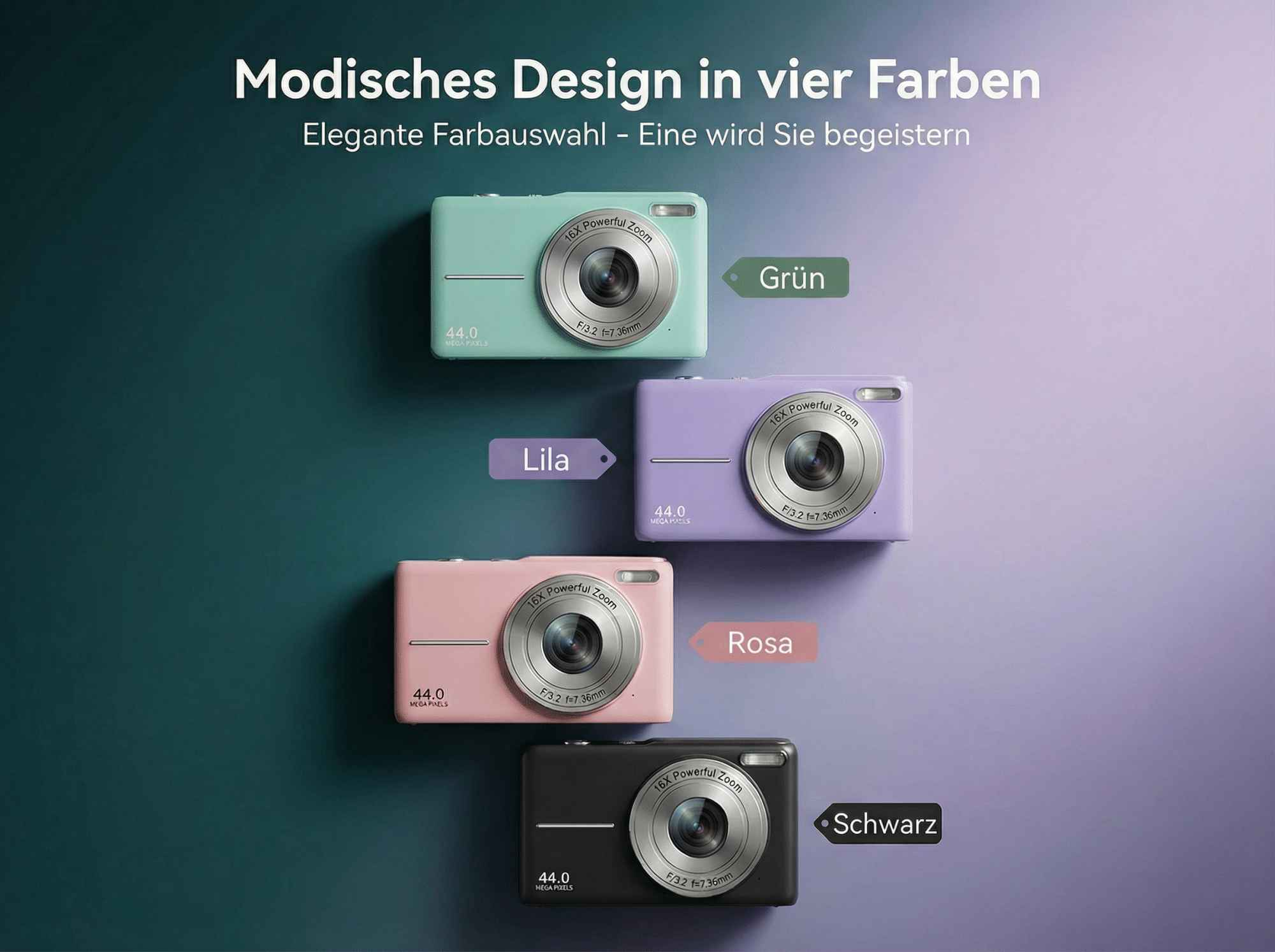 Vier digitale Kameras in Mintgrün, Lila, Rosa und Schwarz, nebeneinander.