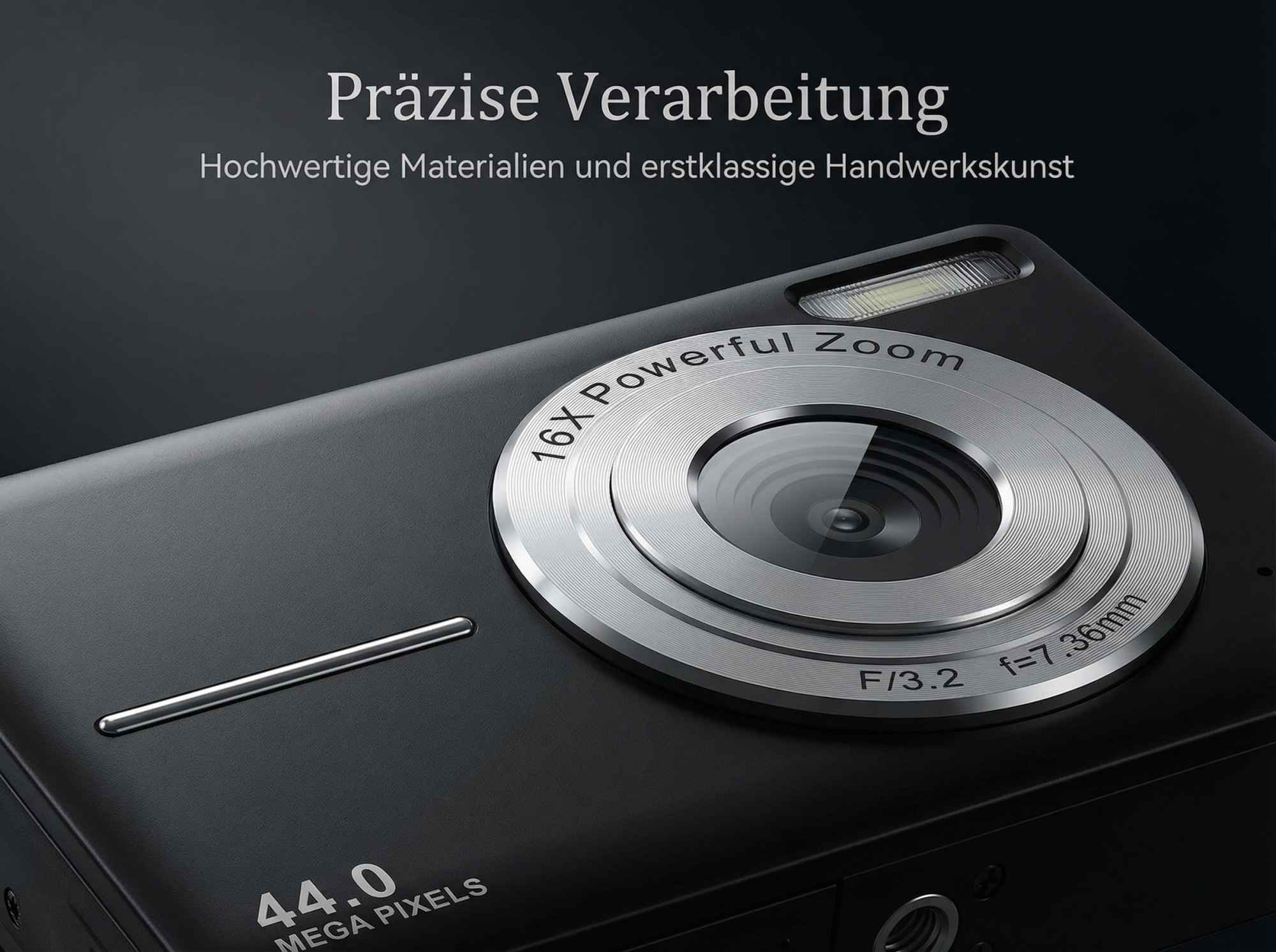 Eine schwarze Digitalkamera mit 16-fachem Zoom und 44 MP. "Präzise Verarbeitung".