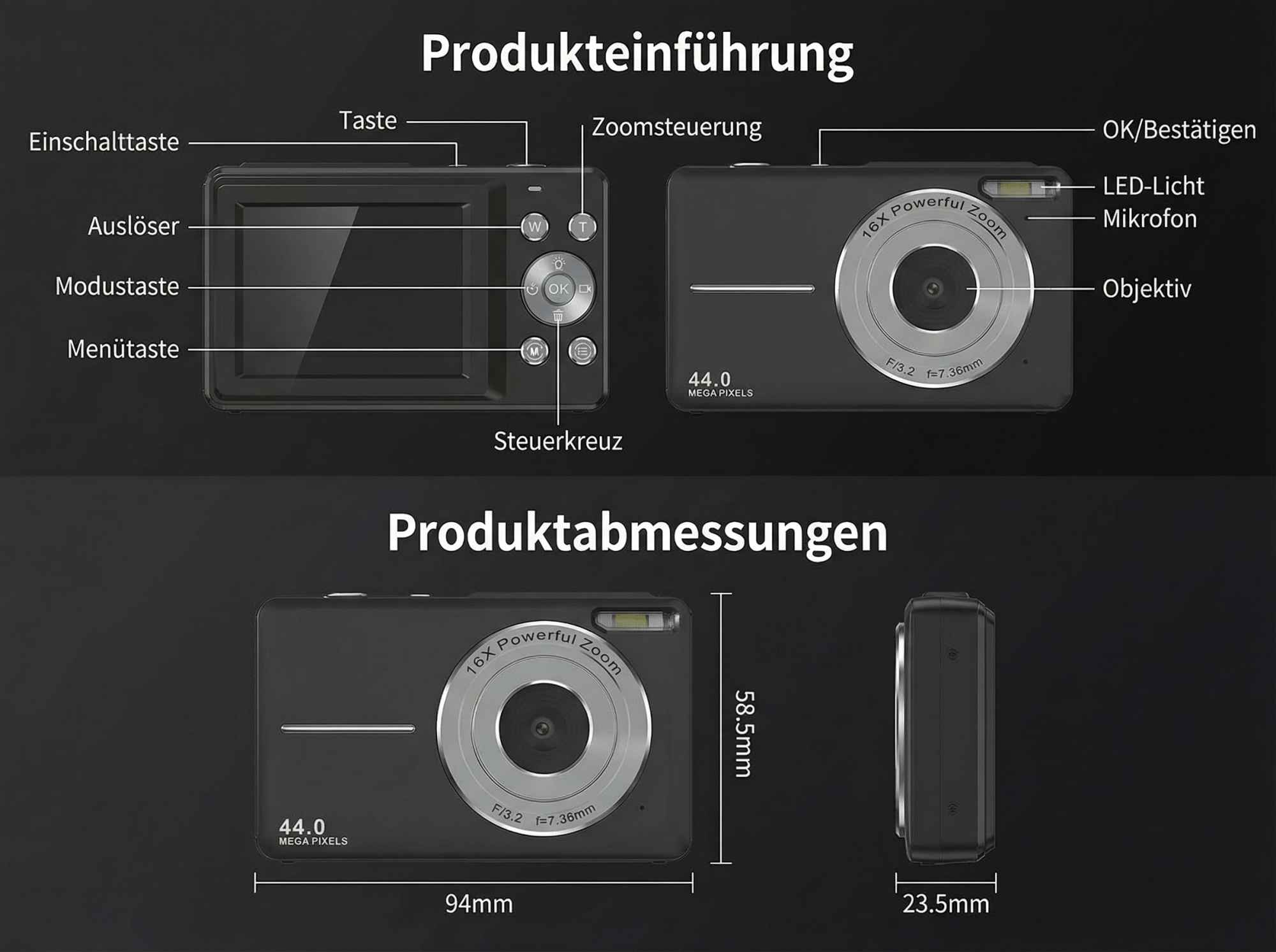 Produktübersicht und Maße einer Digitalkamera mit Zoomobjektiv.