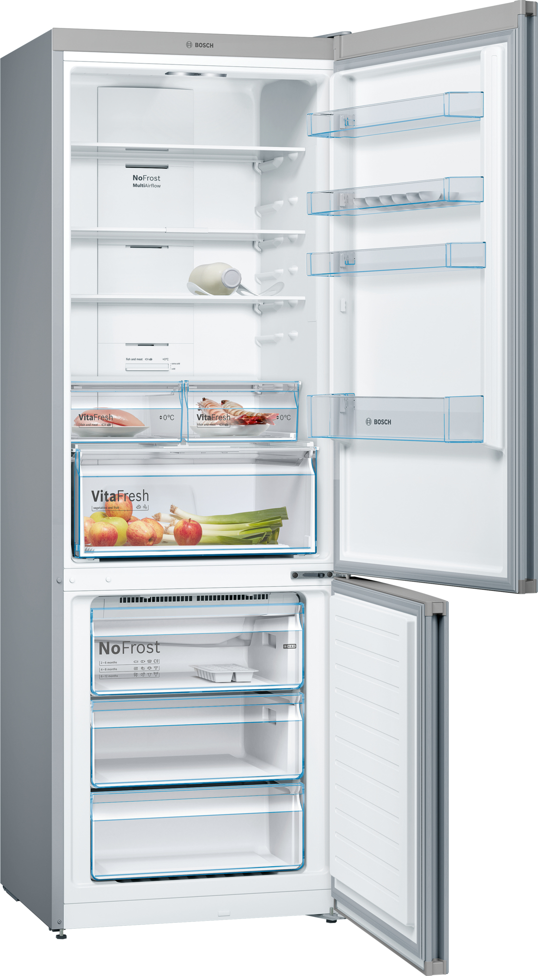 Un frigorifero Bosch aperto con scomparti per frutta, verdura, pesce e carne.