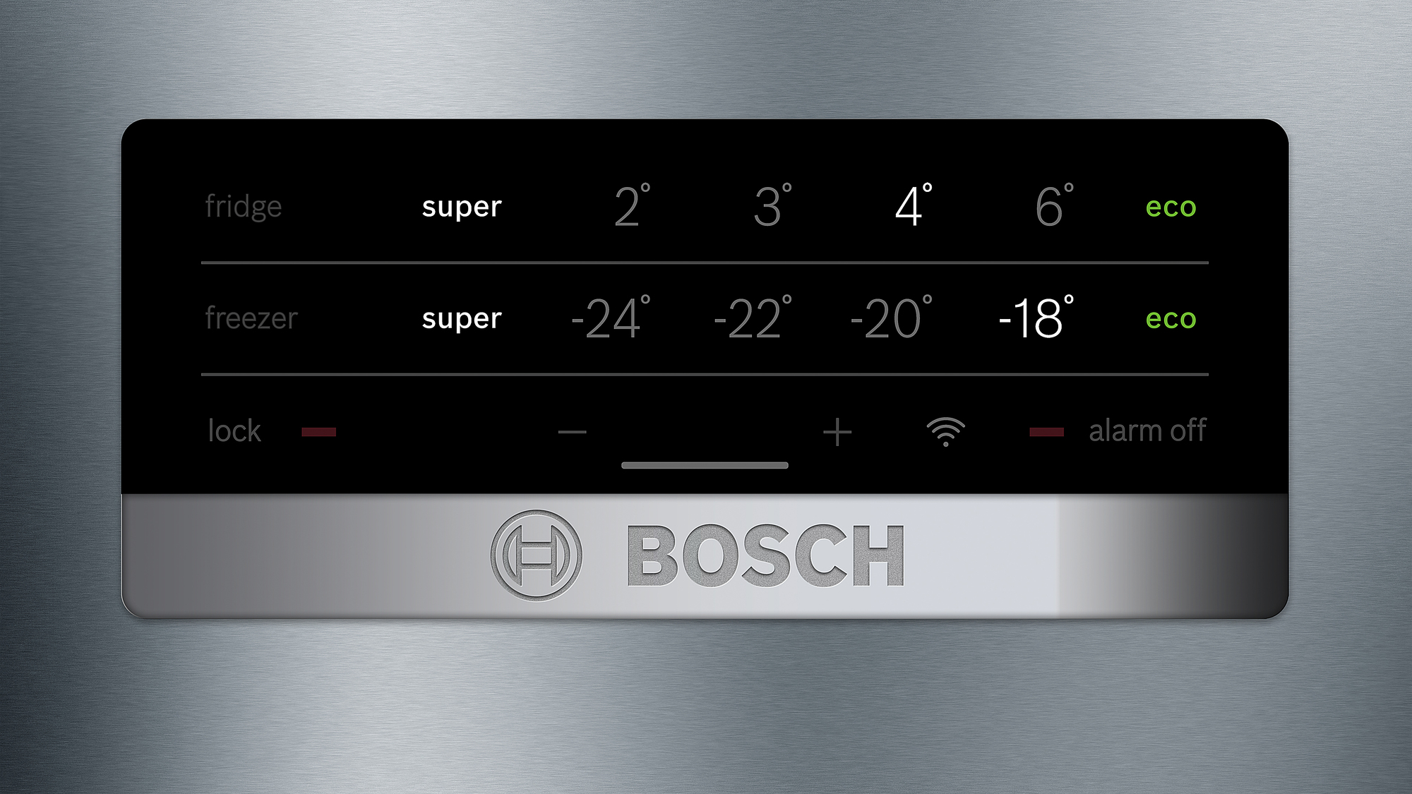 Display frigorifero Bosch con temperature frigo e freezer.