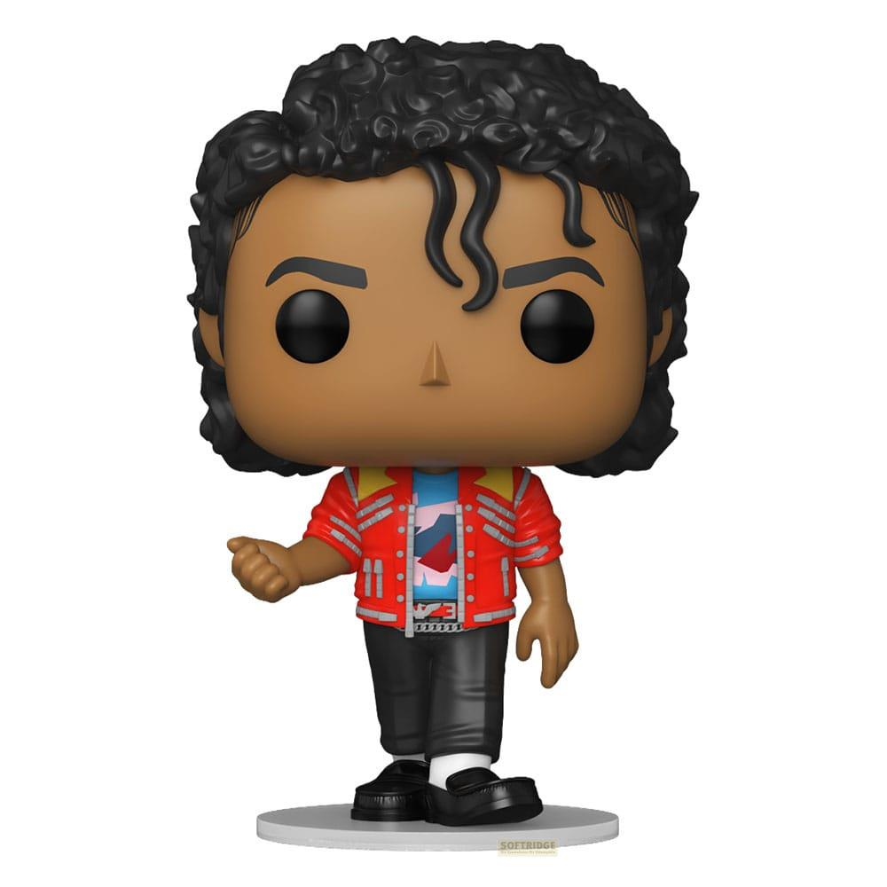Eine Funko-Pop-Figur von Michael Jackson im roten Jackett und schwarzen Hosen.