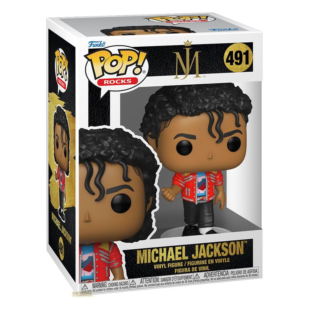 Funko Pop-Figur von Michael Jackson im roten Jackett, schwarzes Haar.