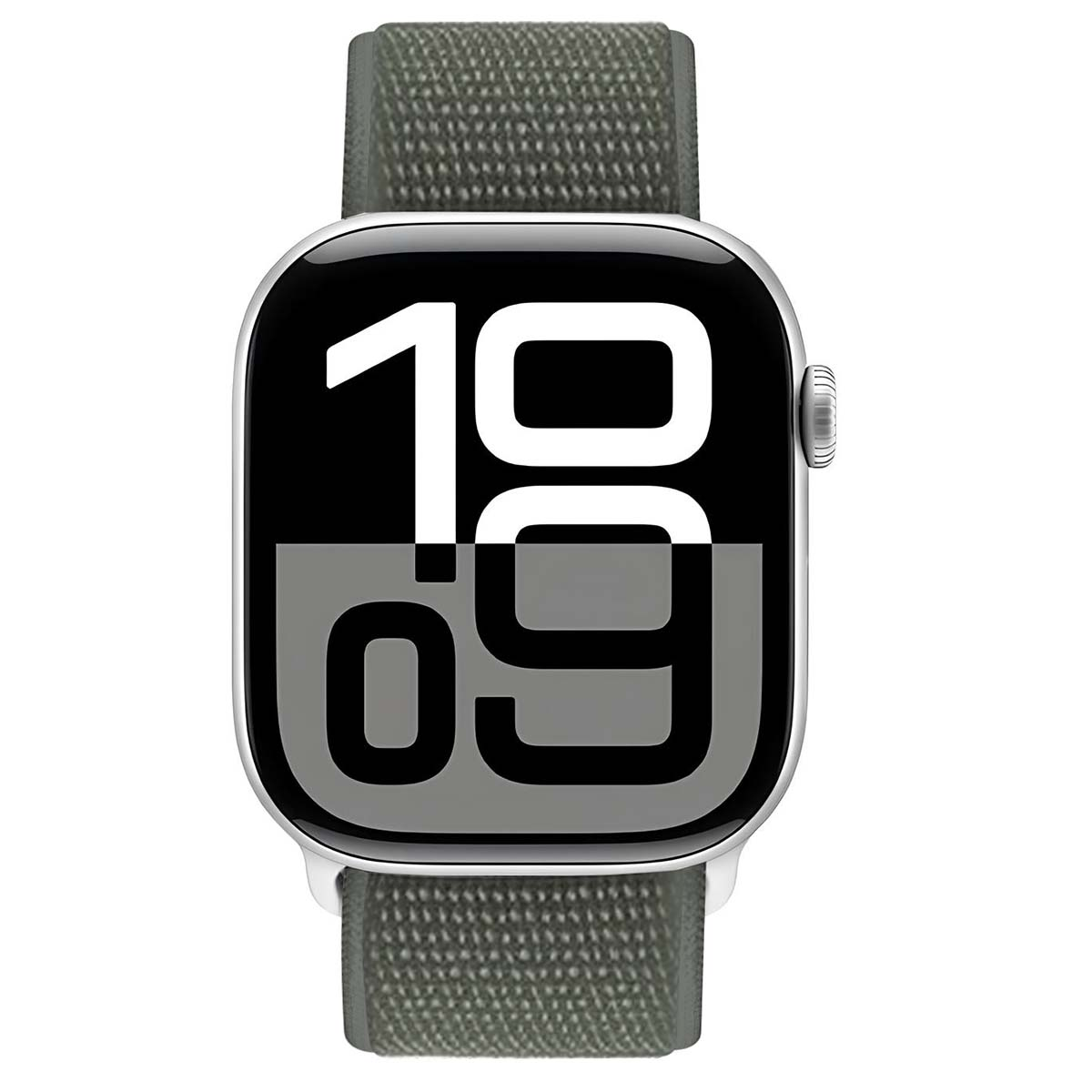 Una Apple Watch grigia con cassa argentata che mostra 10:09 digitalmente.