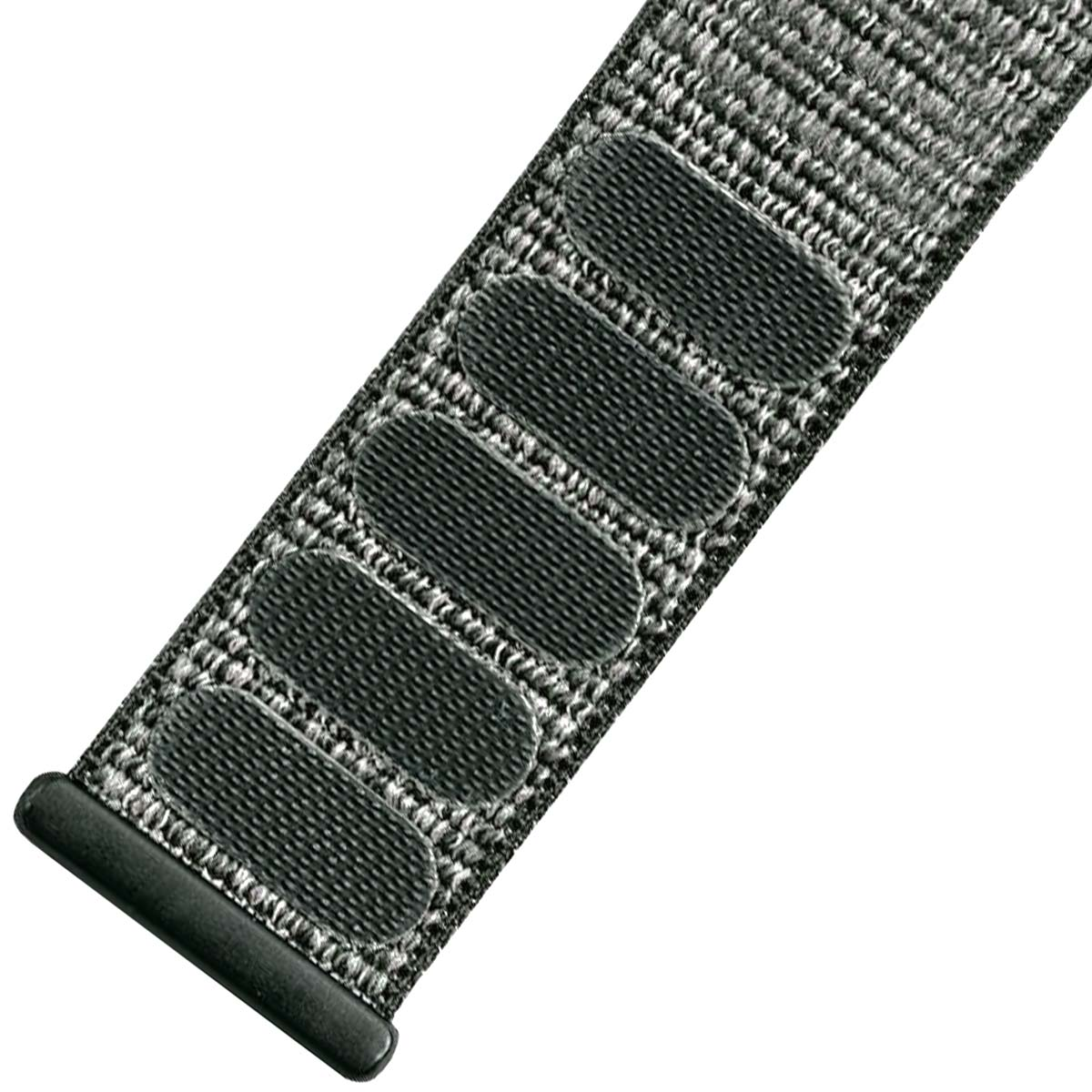 Cinturino in tessuto grigio con quattro patch in velcro neri e connettore nero.