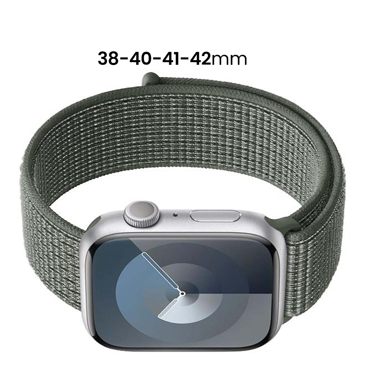 Cinturino sportivo grigio su uno smartwatch argentato, taglie 38-42mm.