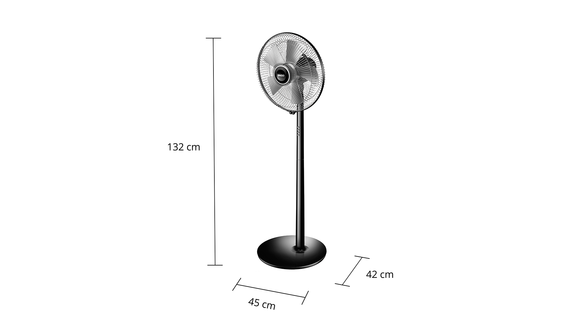 Ein schwarzer Standventilator mit silbernen Rotorblättern und einem runden Sockel.