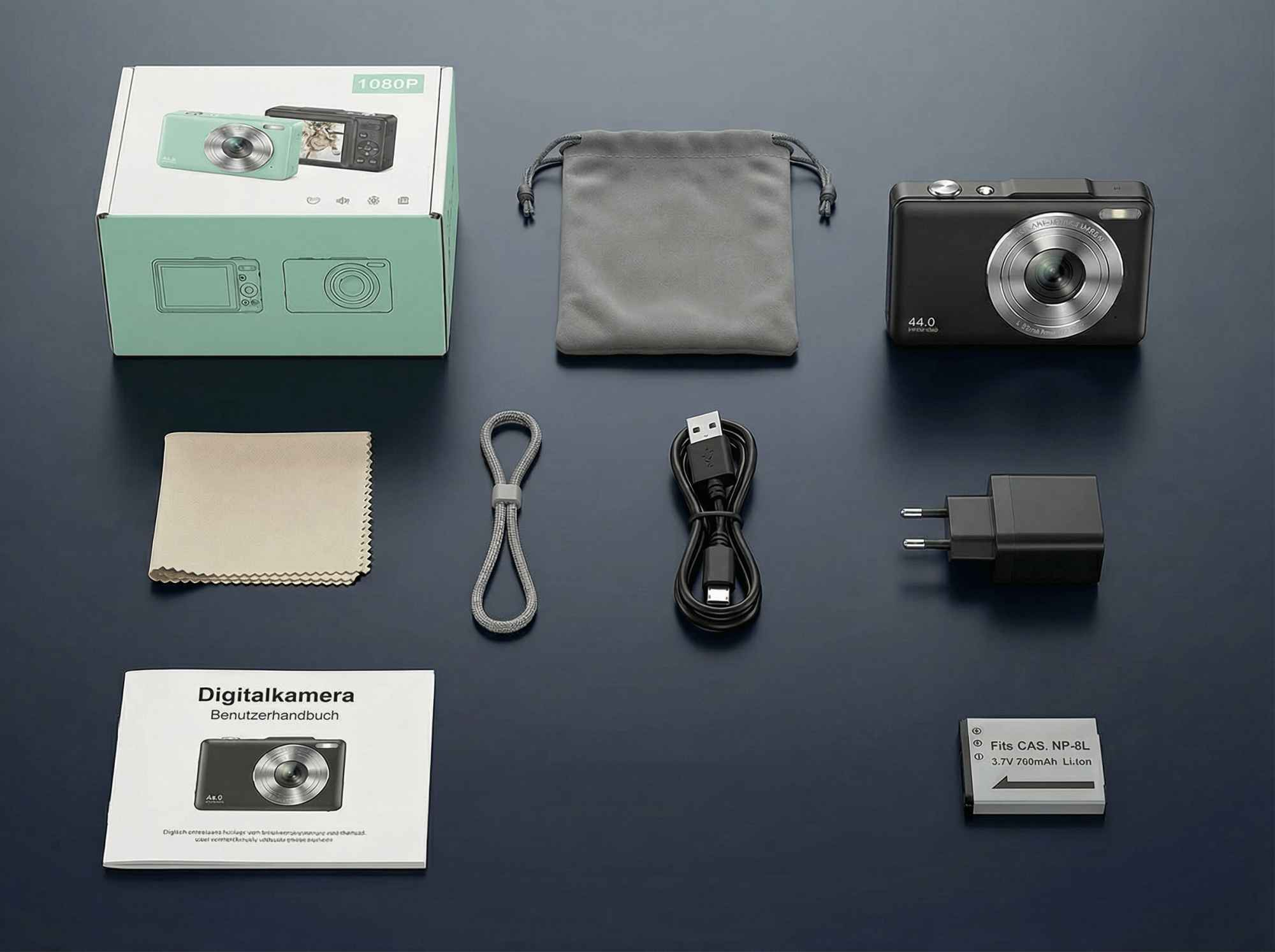 Digitalkamera-Set mit schwarzer Kamera, Zubehör und Verpackung.