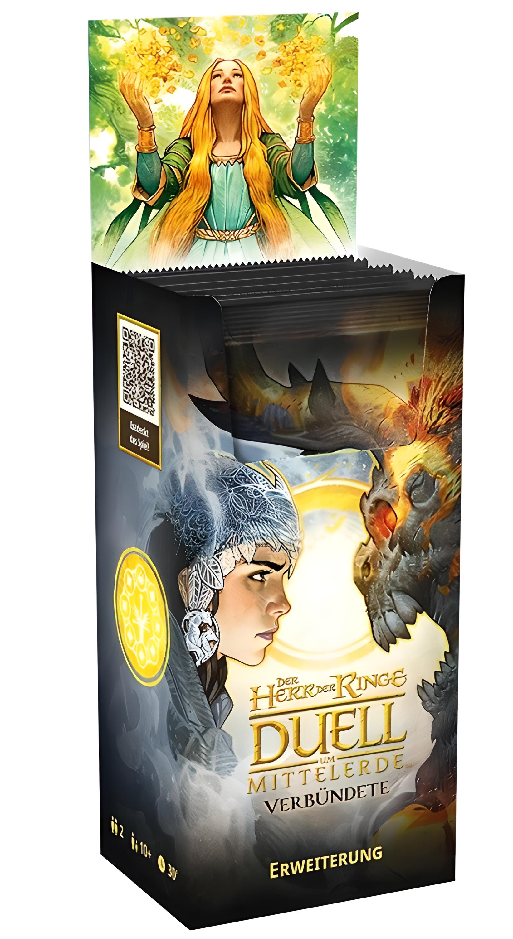 Brettspielbox mit Frau und Drachen. Oben Frau mit gelben Blumen. Unten Duell um Mittelerde.